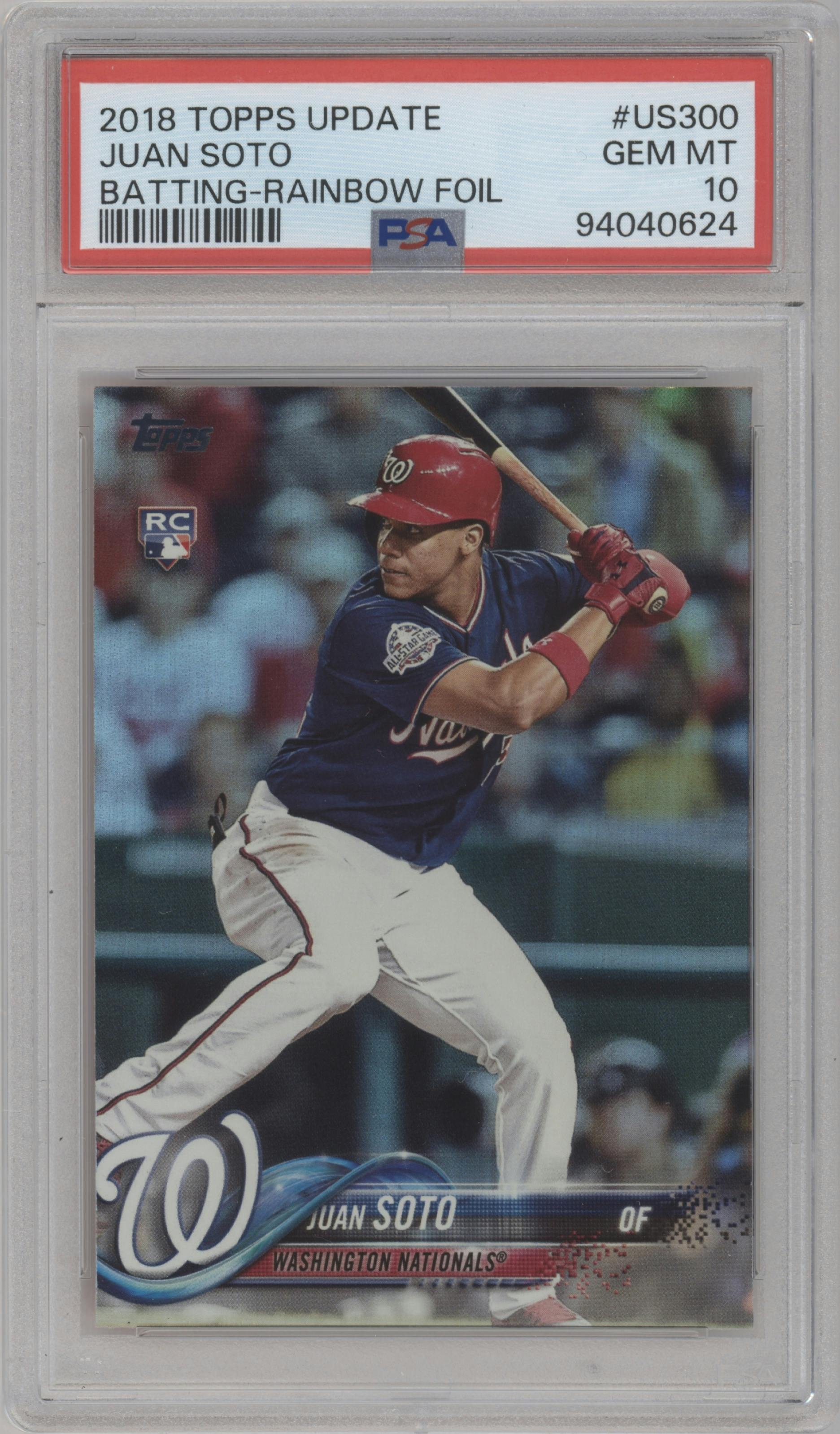 Juan Soto from the 2018 Topps Update set featuring a Rainbow Foil parallel graded by PSA and given an overall grade of 10.