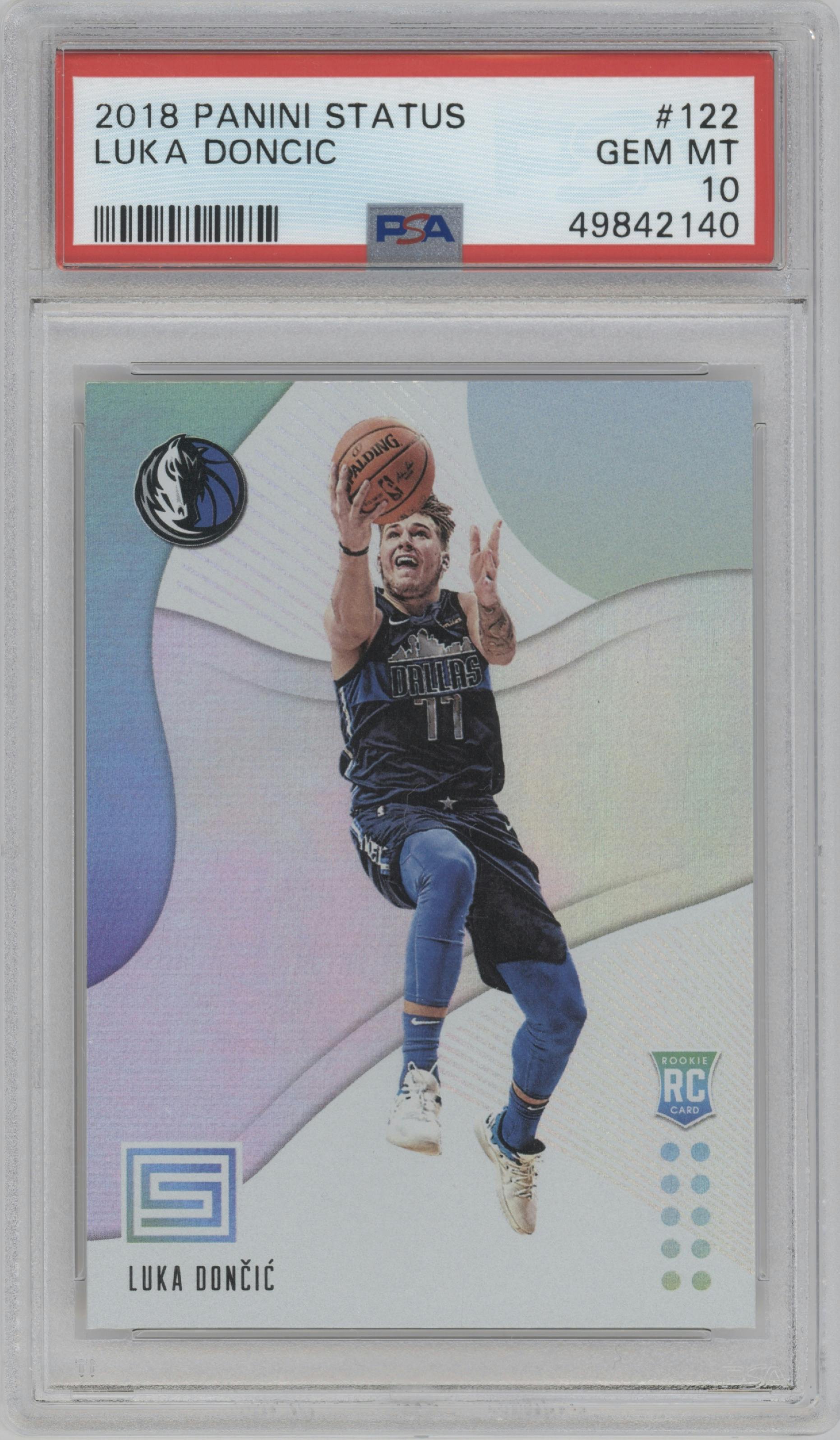 Luka Doncic from the 2018-19 Panini Status set graded by PSA and given an overall grade of 10.