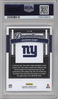 Jaxson Dart from the 2025 Panini Donruss set graded by PSA and given an overall grade of 10.