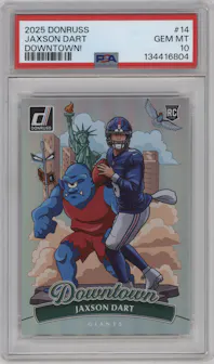 Jaxson Dart from the 2025 Panini Donruss set graded by PSA and given an overall grade of 10.