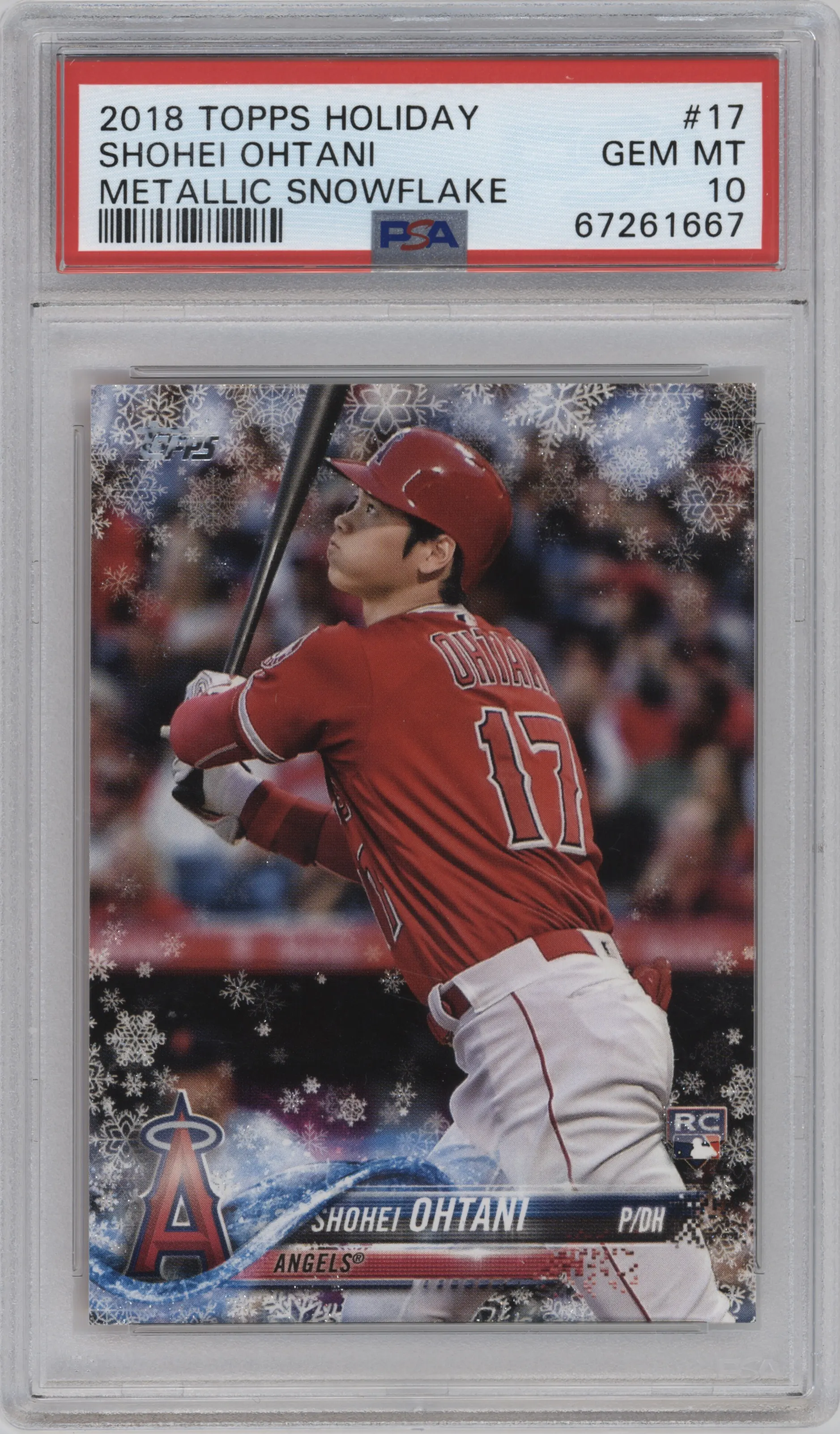 Shohei Ohtani from the 2018 Topps Holiday set featuring a Metallic Snowflake parallel graded by PSA and given an overall grade of 10.