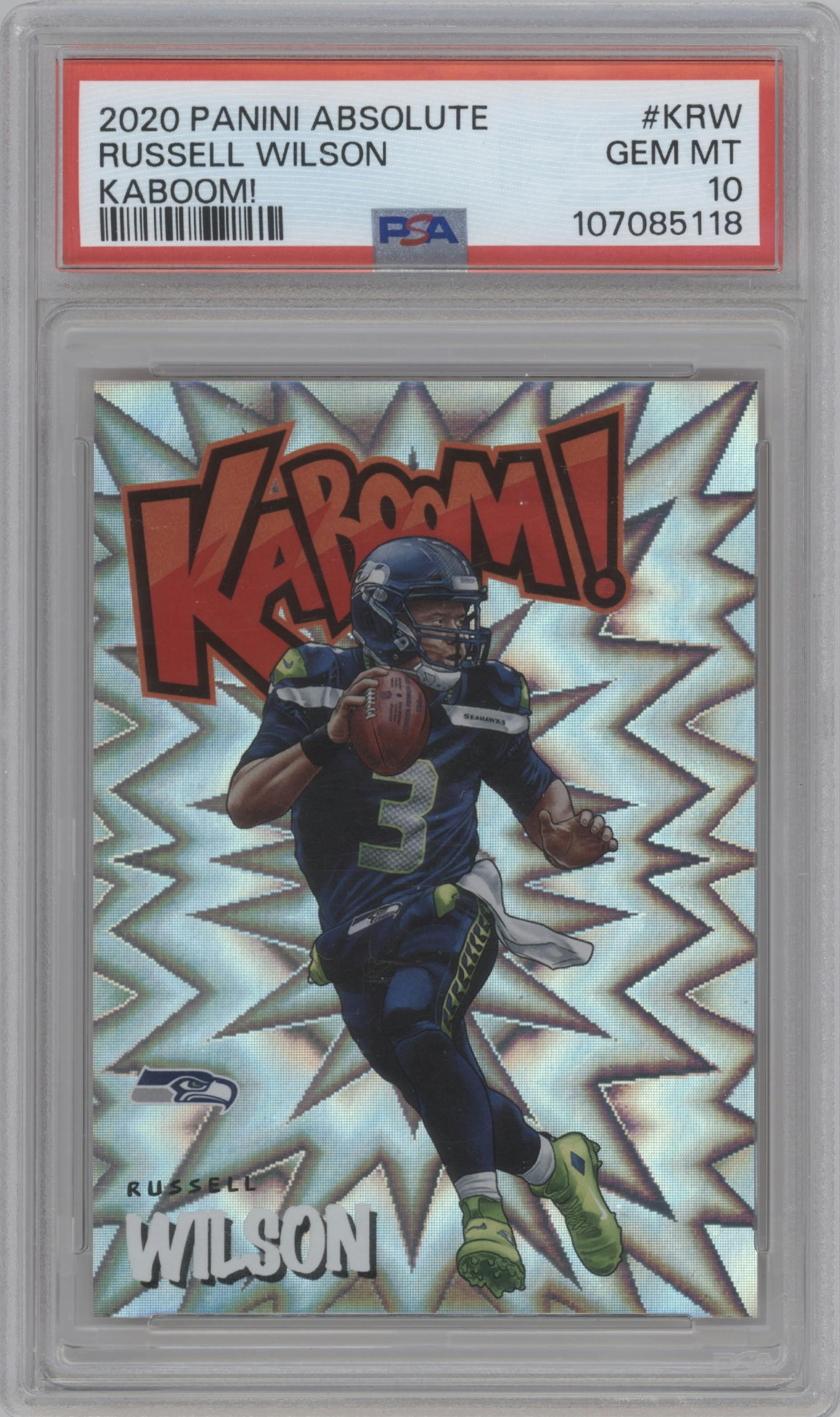 Russell Wilson from the 2020 Panini Absolute set graded by PSA and given an overall grade of 10.