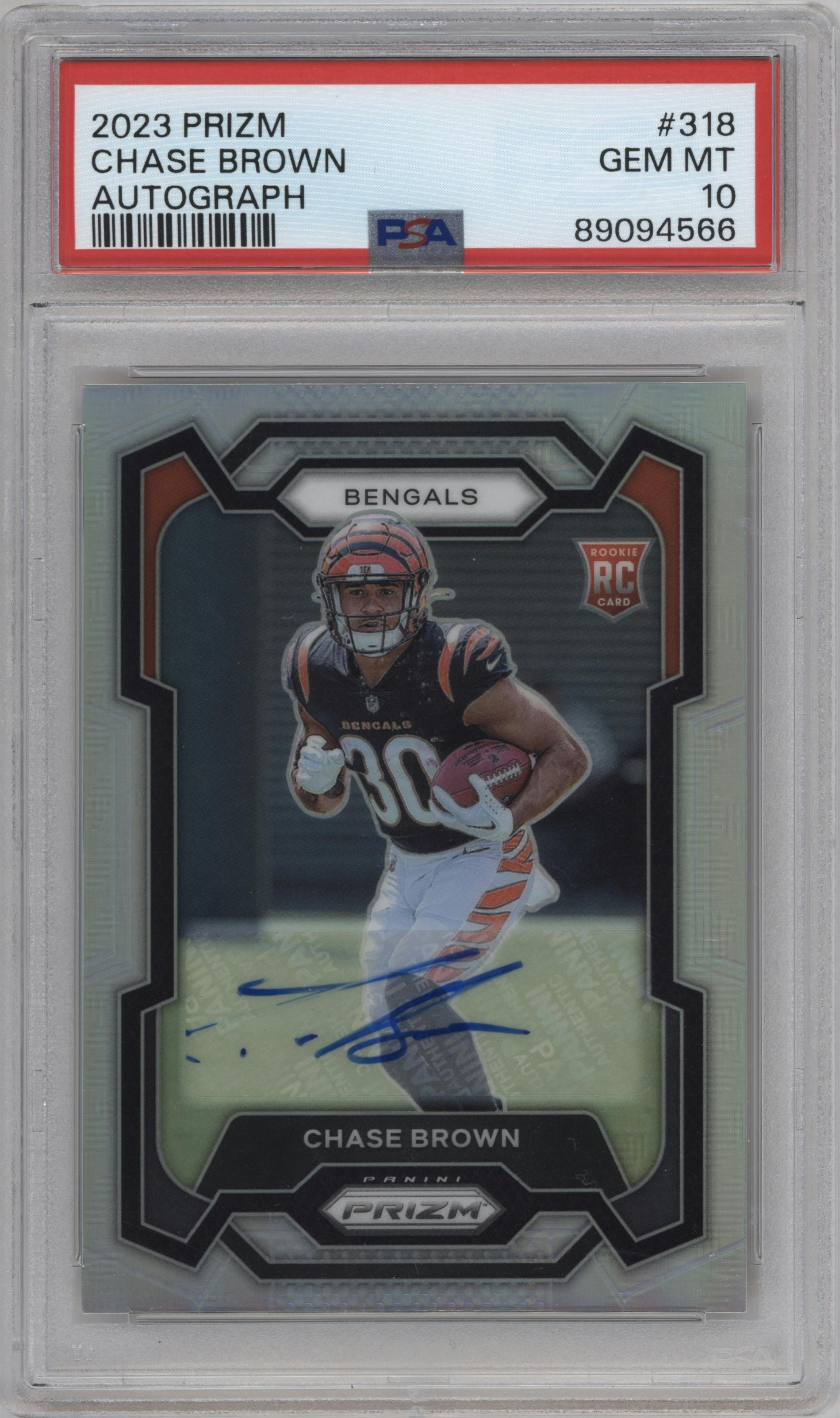 Chase Brown from the 2023 Panini Prizm set graded by PSA and given an overall grade of 10.