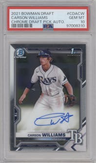 Carson Williams from the 2021 Bowman Draft set graded by PSA and given an overall grade of 10.