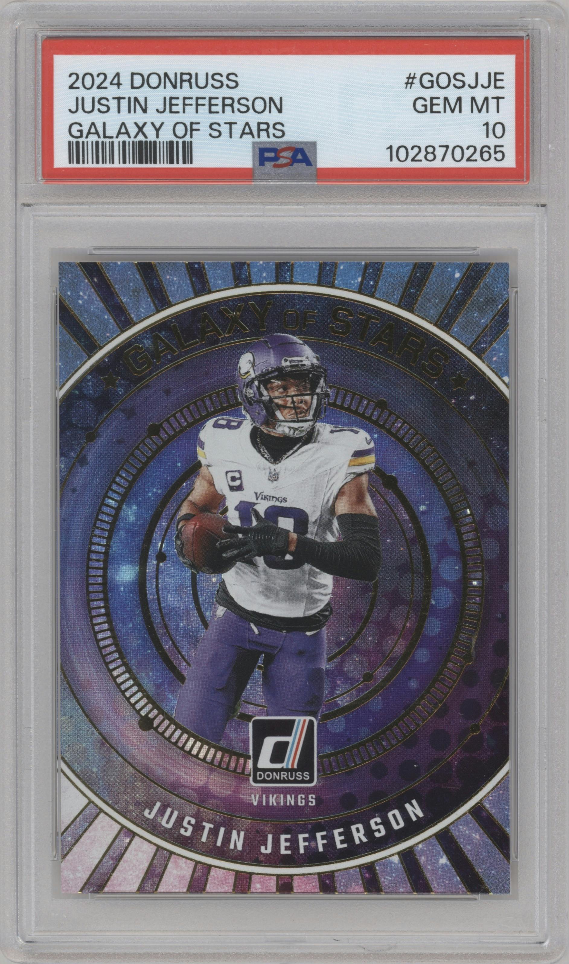 Justin Jefferson  from the 2024 Donruss set graded by PSA and given an overall grade of 10.