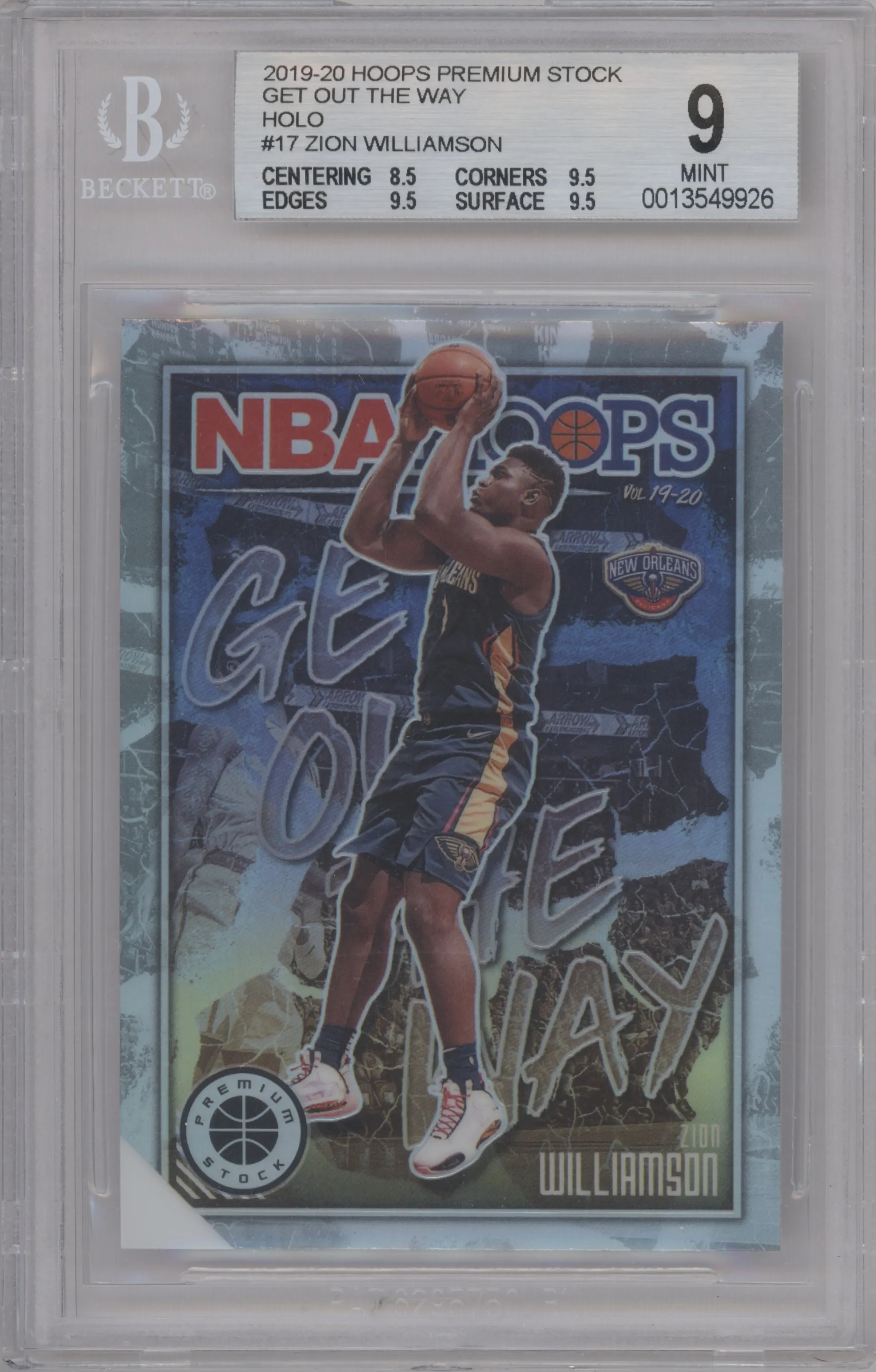 2019 Panini Hoops Premium Stock Get Out the Way Zion Williamson Holo BGS 9