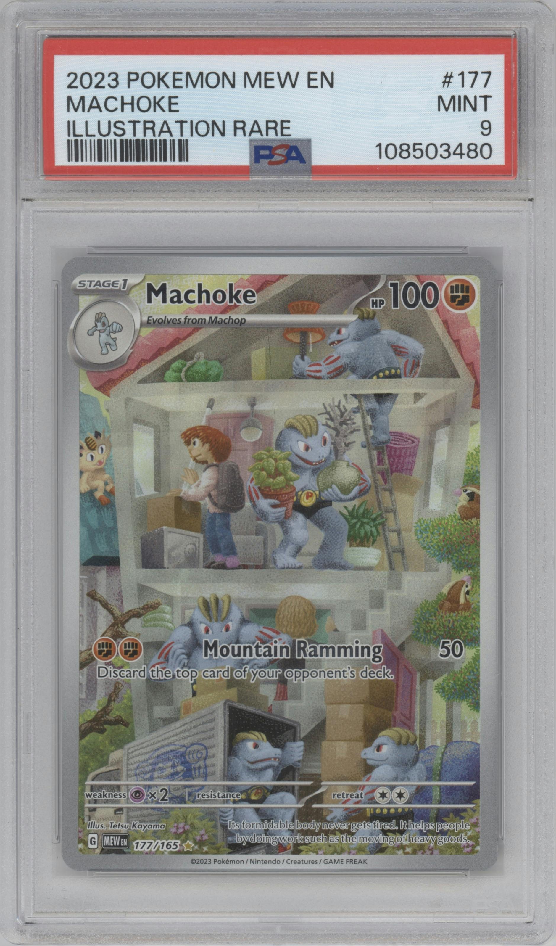 Machoke from the 2023 Pokemon SV set graded by PSA and given an overall grade of 9.