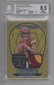 Jayden Daniels from the 2024 Panini Obsidian set featuring a Gold parallel graded by Beckett and given an overall grade of 8.5.