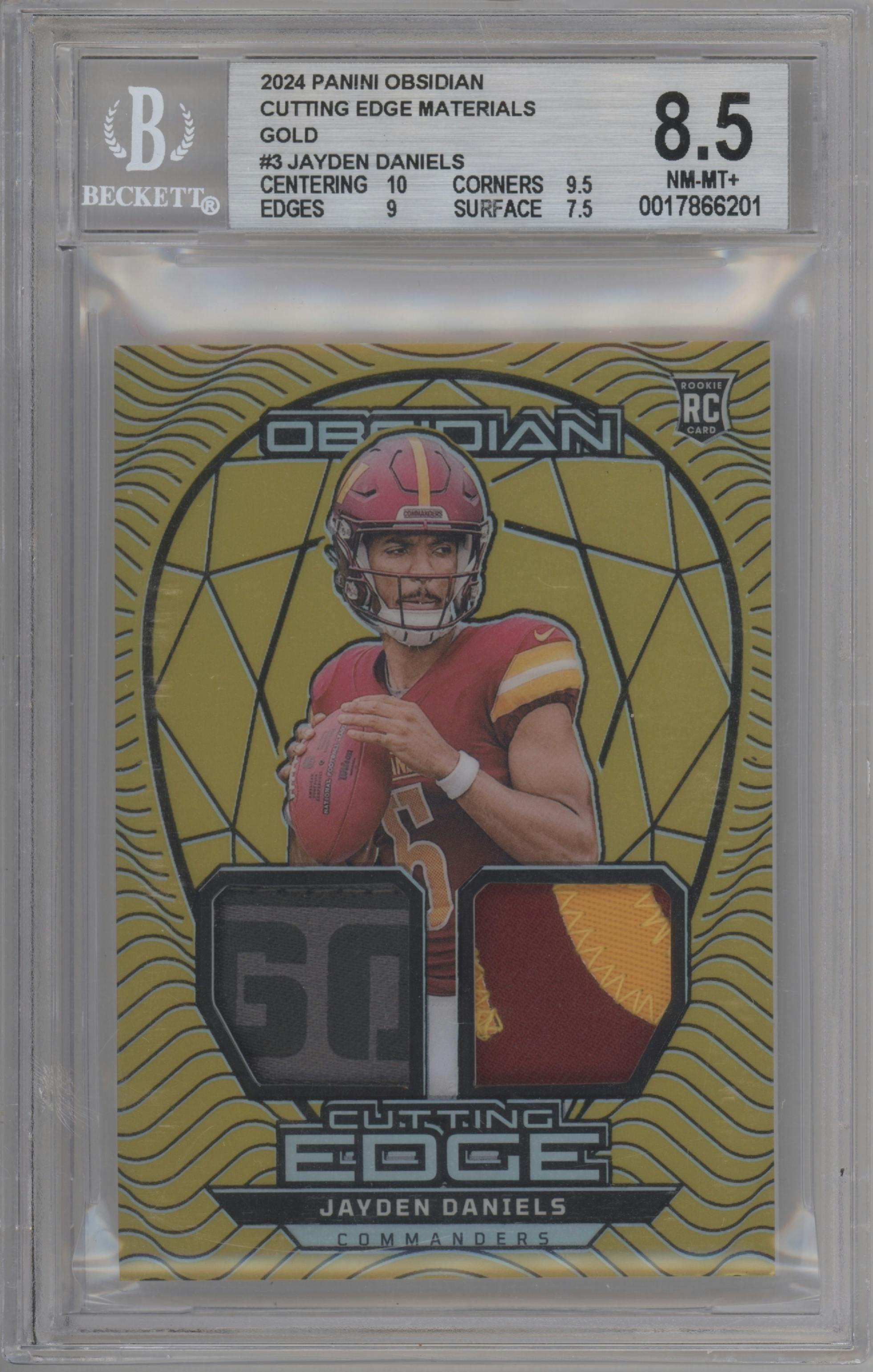 Jayden Daniels from the 2024 Panini Obsidian set featuring a Gold parallel graded by Beckett and given an overall grade of 8.5.