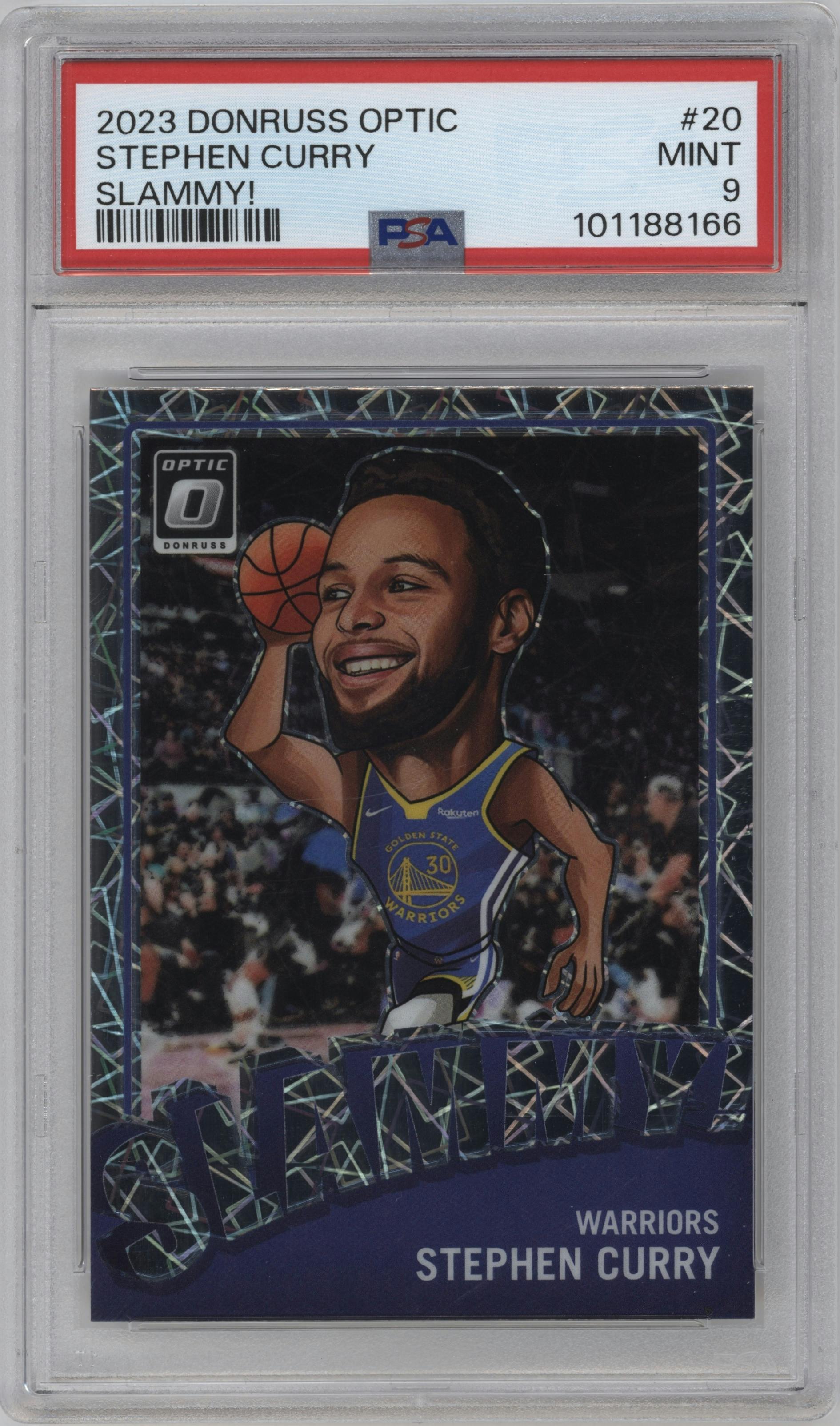 Stephen Curry from the 2023-24 Donruss Optic set graded by PSA and given an overall grade of 9.