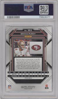 Brock Purdy from the 2022 Panini Prizm set featuring a Black & Red Checker parallel graded by PSA and given an overall grade of 10.