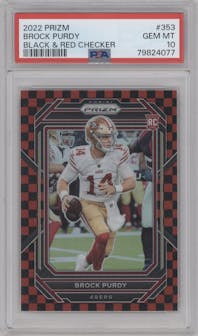 Brock Purdy from the 2022 Panini Prizm set featuring a Black & Red Checker parallel graded by PSA and given an overall grade of 10.