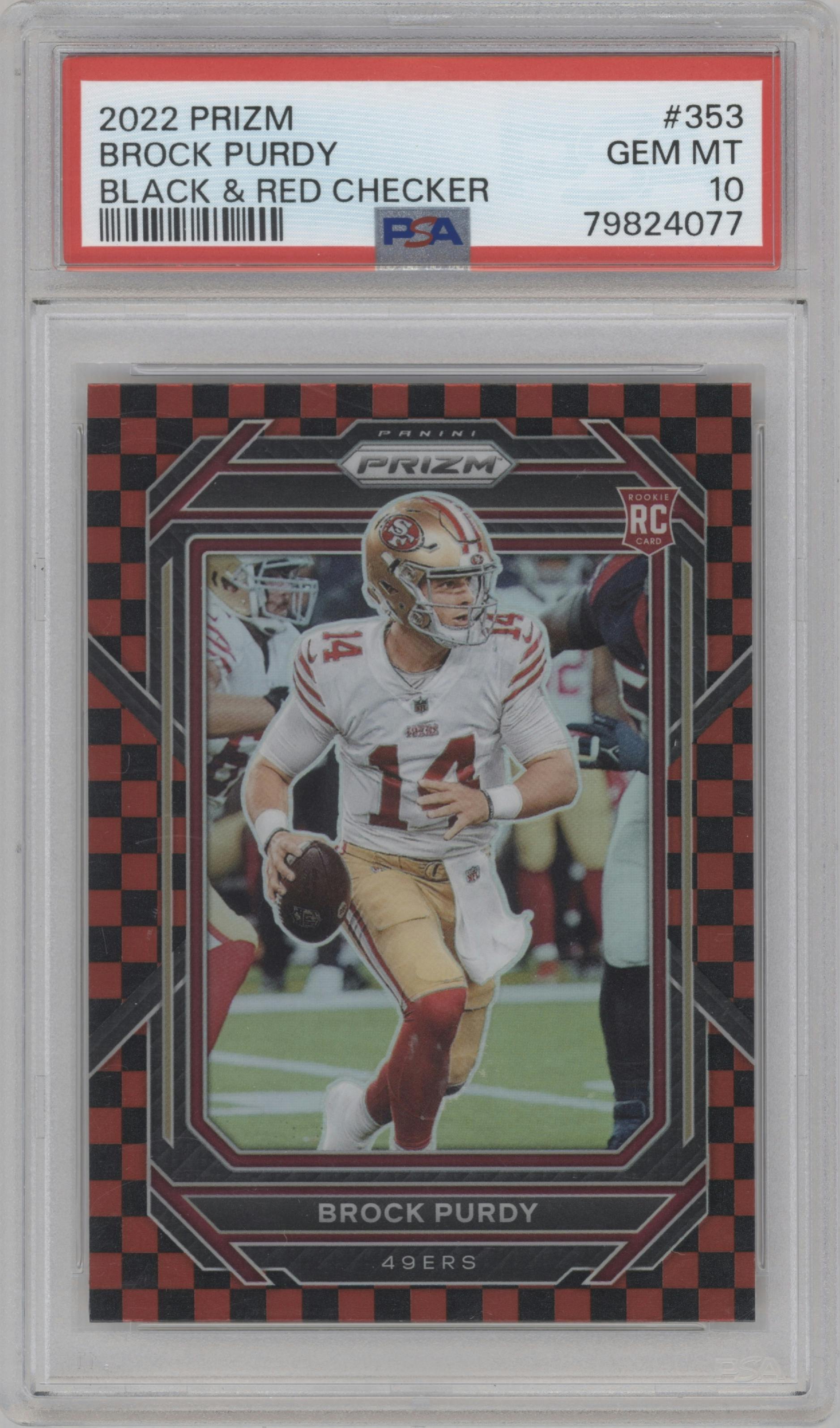 Brock Purdy from the 2022 Panini Prizm set featuring a Black & Red Checker parallel graded by PSA and given an overall grade of 10.