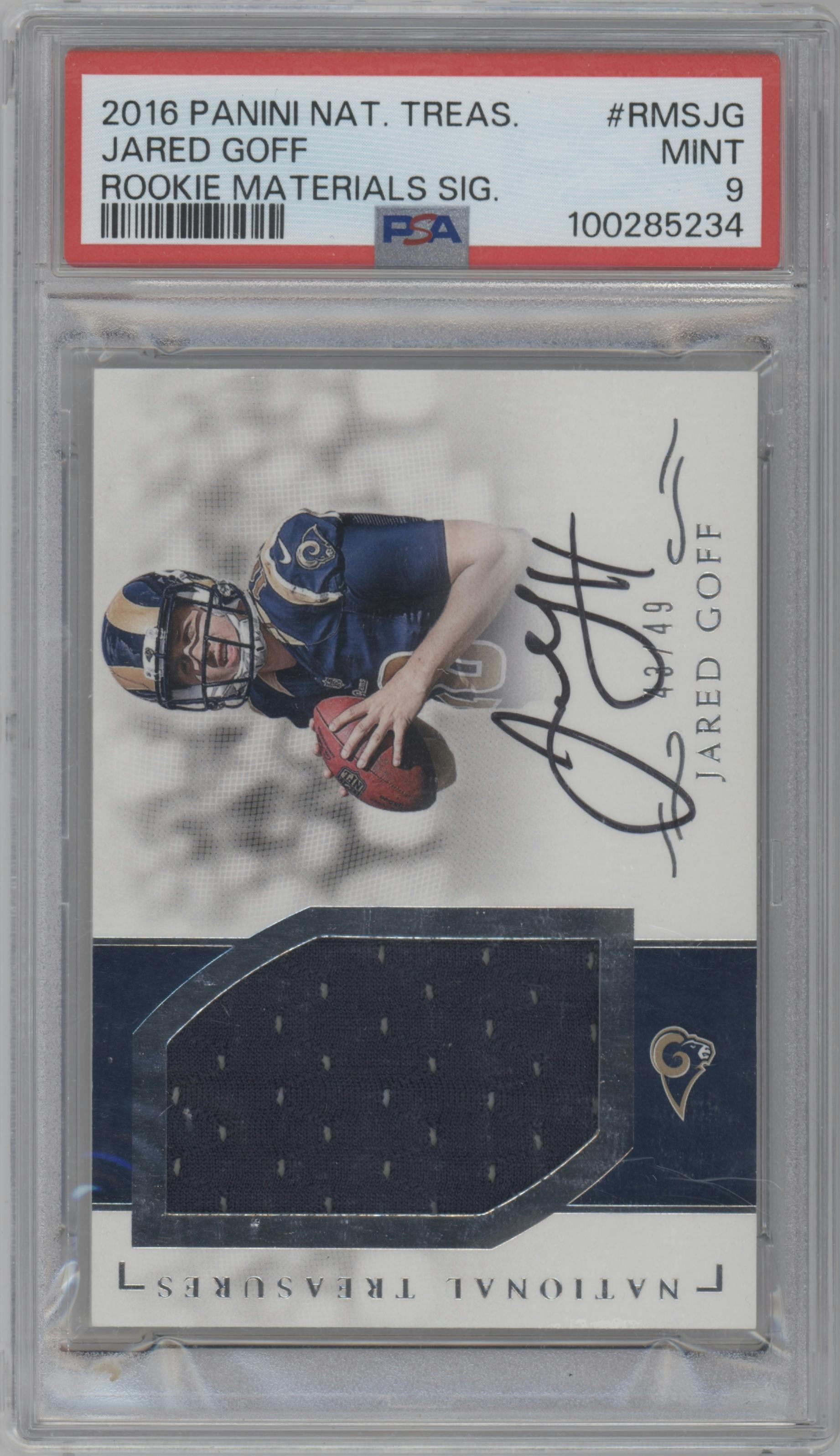 Jared Goff from the 2016 Panini National Treasures set graded by PSA and given an overall grade of 9.