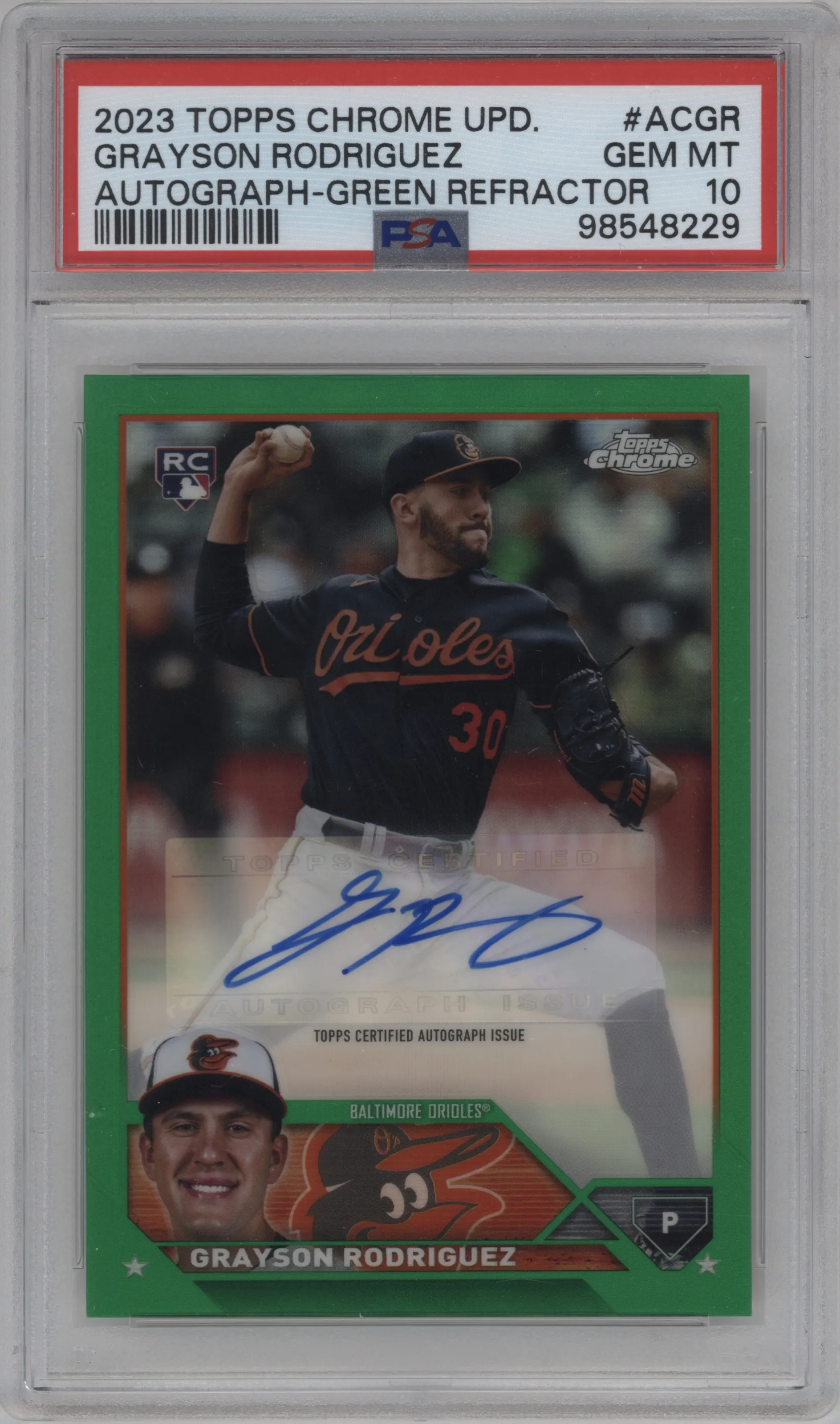 2023 Topps Chrome Update Auto Grayson Rodriguez Green Refractor PSA 10