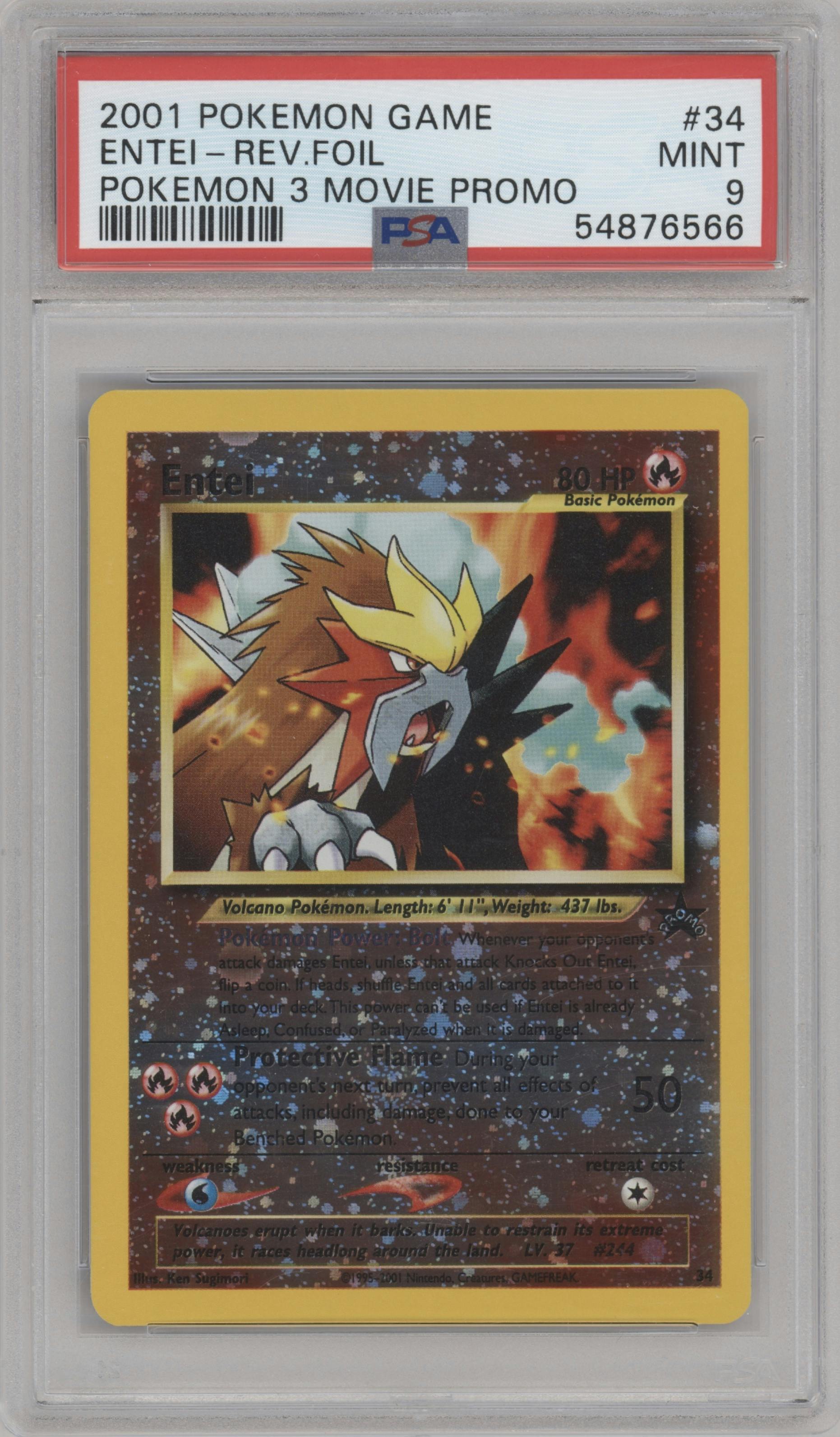 Entei from the 2001 Pokemon set graded by PSA and given an overall grade of 9.
