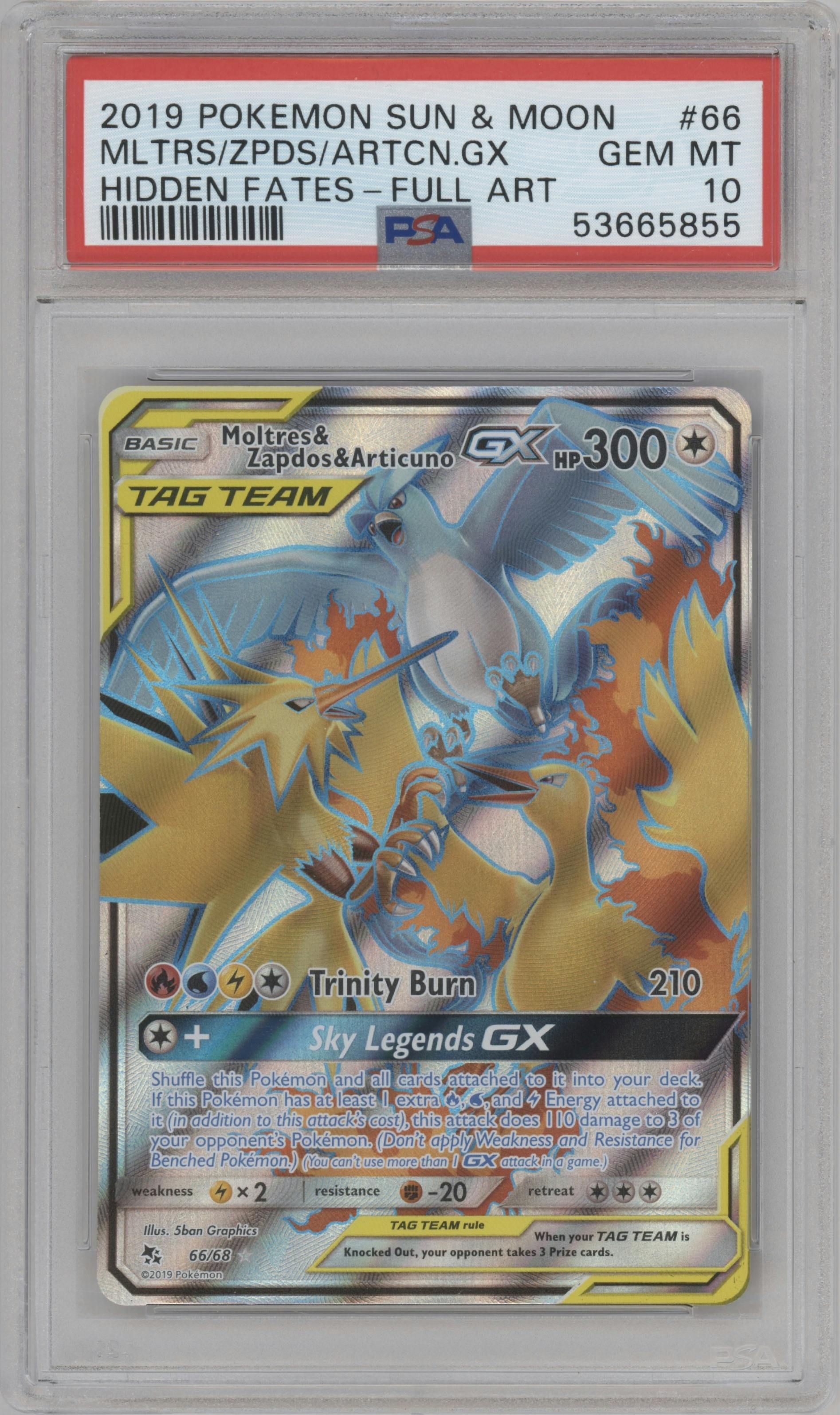 Moltres/Zapdos/Articuno GX from the 2019 Pokemon S&M  set graded by PSA and given an overall grade of 10.