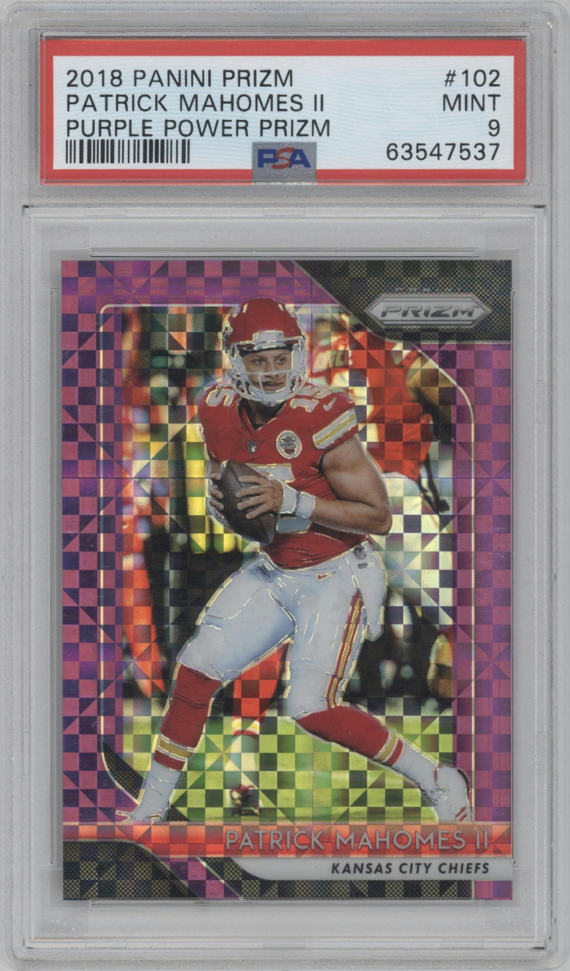 Patrick Mahomes II from the 2018 Panini Prizm set featuring a Purple Power parallel graded by PSA and given an overall grade of 9.