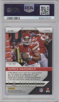 Patrick Mahomes II from the 2018 Panini Prizm set featuring a Purple Power parallel graded by PSA and given an overall grade of 9.