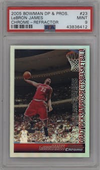 LeBron James from the 2005-06 Bowman set featuring a Refractor parallel graded by PSA and given an overall grade of 9.