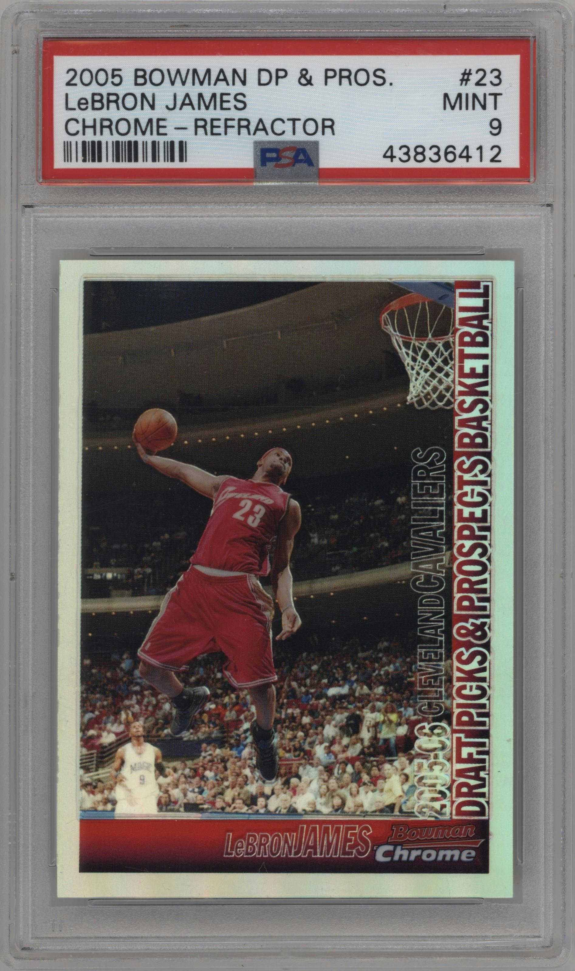 LeBron James from the 2005-06 Bowman set featuring a Refractor parallel graded by PSA and given an overall grade of 9.