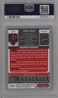 LeBron James from the 2005-06 Bowman set featuring a Refractor parallel graded by PSA and given an overall grade of 9.