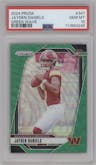 Jayden Daniels from the 2024 Panini Prizm set featuring a Green Wave parallel graded by PSA and given an overall grade of 10.