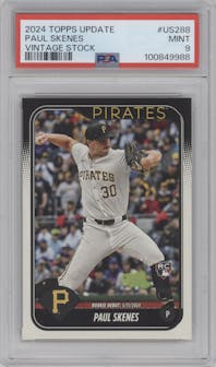 Paul Skenes from the 2024 Topps Update set featuring a Vintage Stock parallel graded by PSA and given an overall grade of 9.