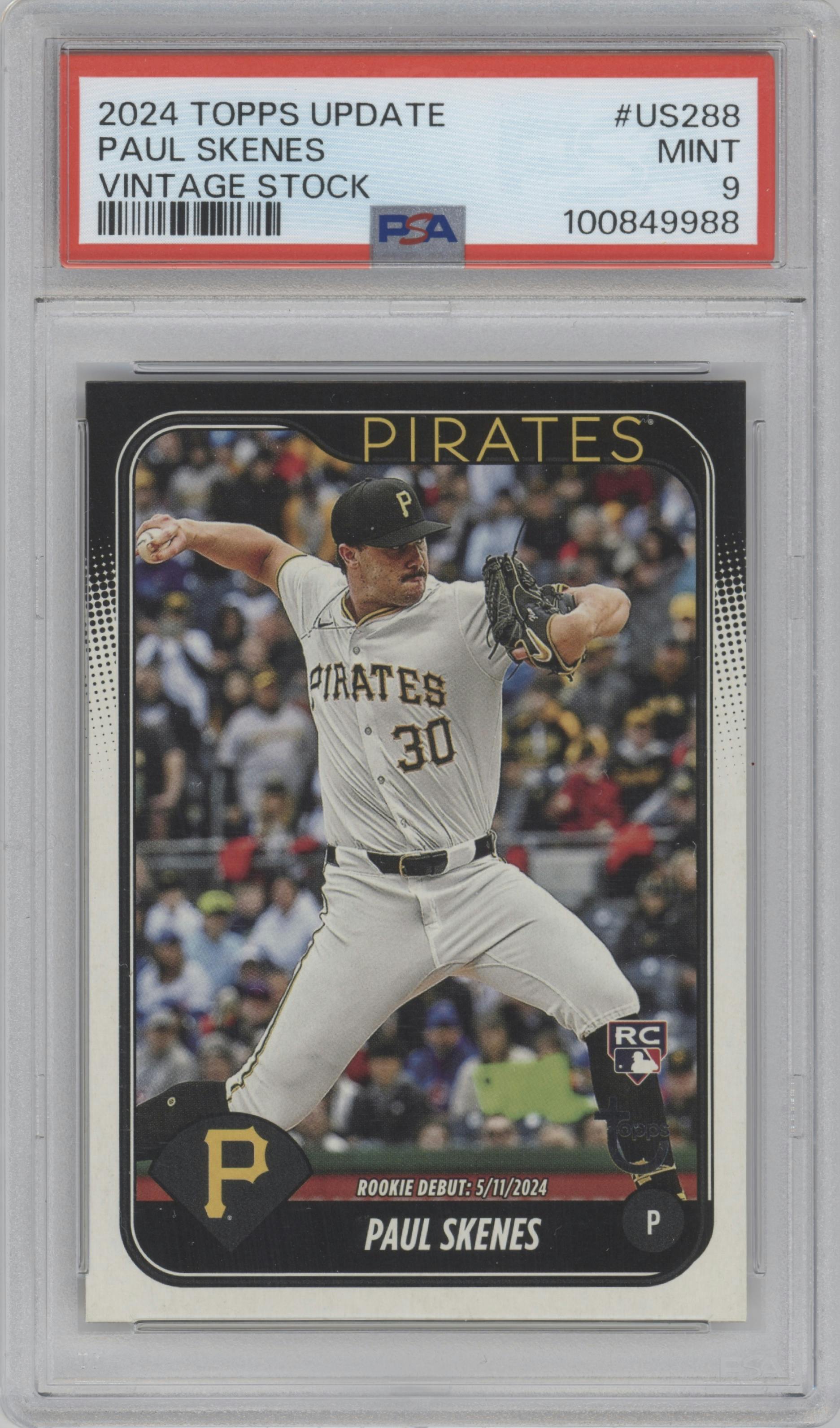 Paul Skenes from the 2024 Topps Update set featuring a Vintage Stock parallel graded by PSA and given an overall grade of 9.