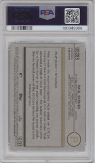 Paul Skenes from the 2024 Topps Update set featuring a Vintage Stock parallel graded by PSA and given an overall grade of 9.