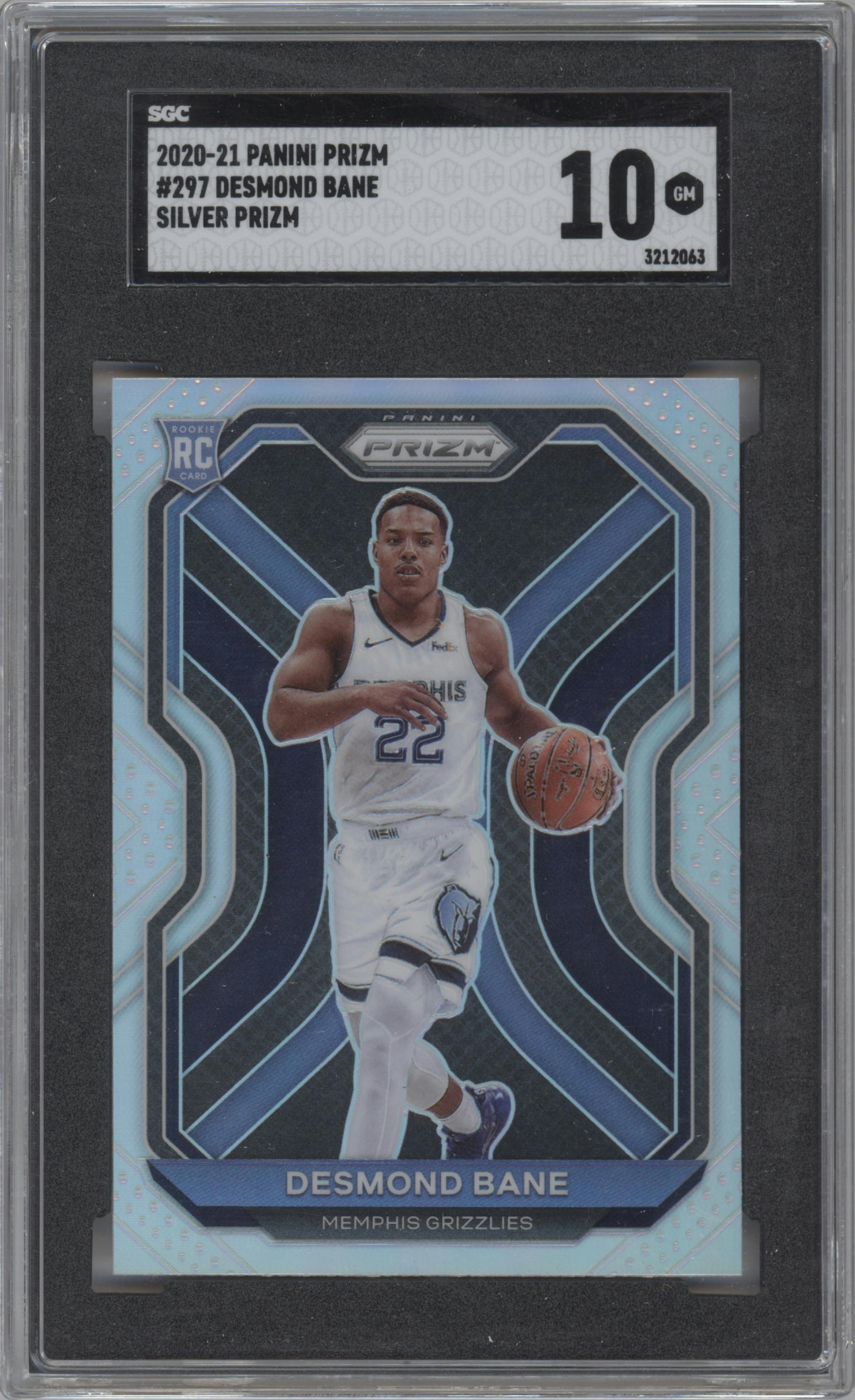 Desmond Bane from the 2020-21 Panini Prizm set featuring a Silver Prizm parallel graded by SGC and given an overall grade of 10.