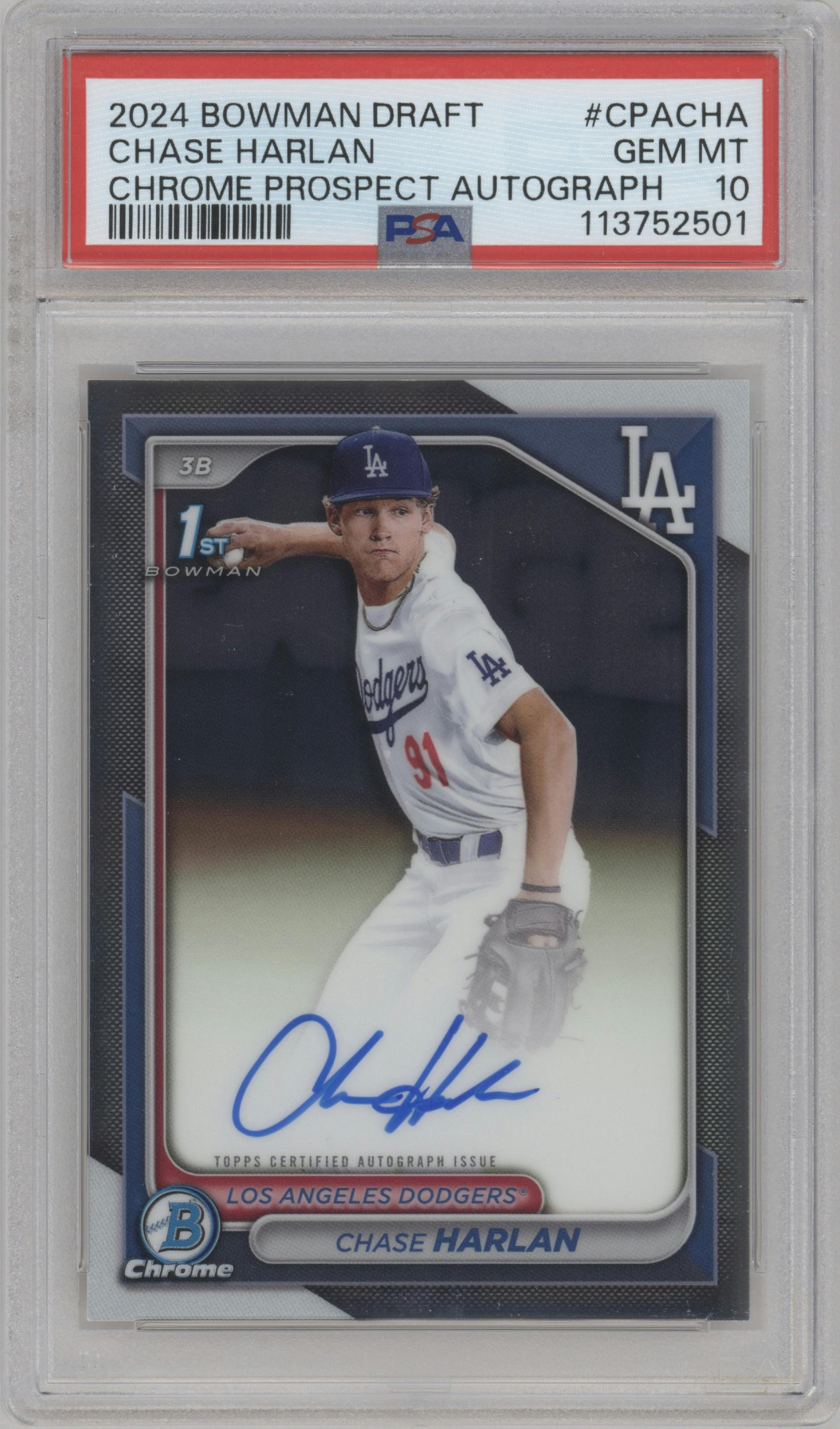 Chase Harlan from the 2024 Bowman Draft set graded by PSA and given an overall grade of 10.