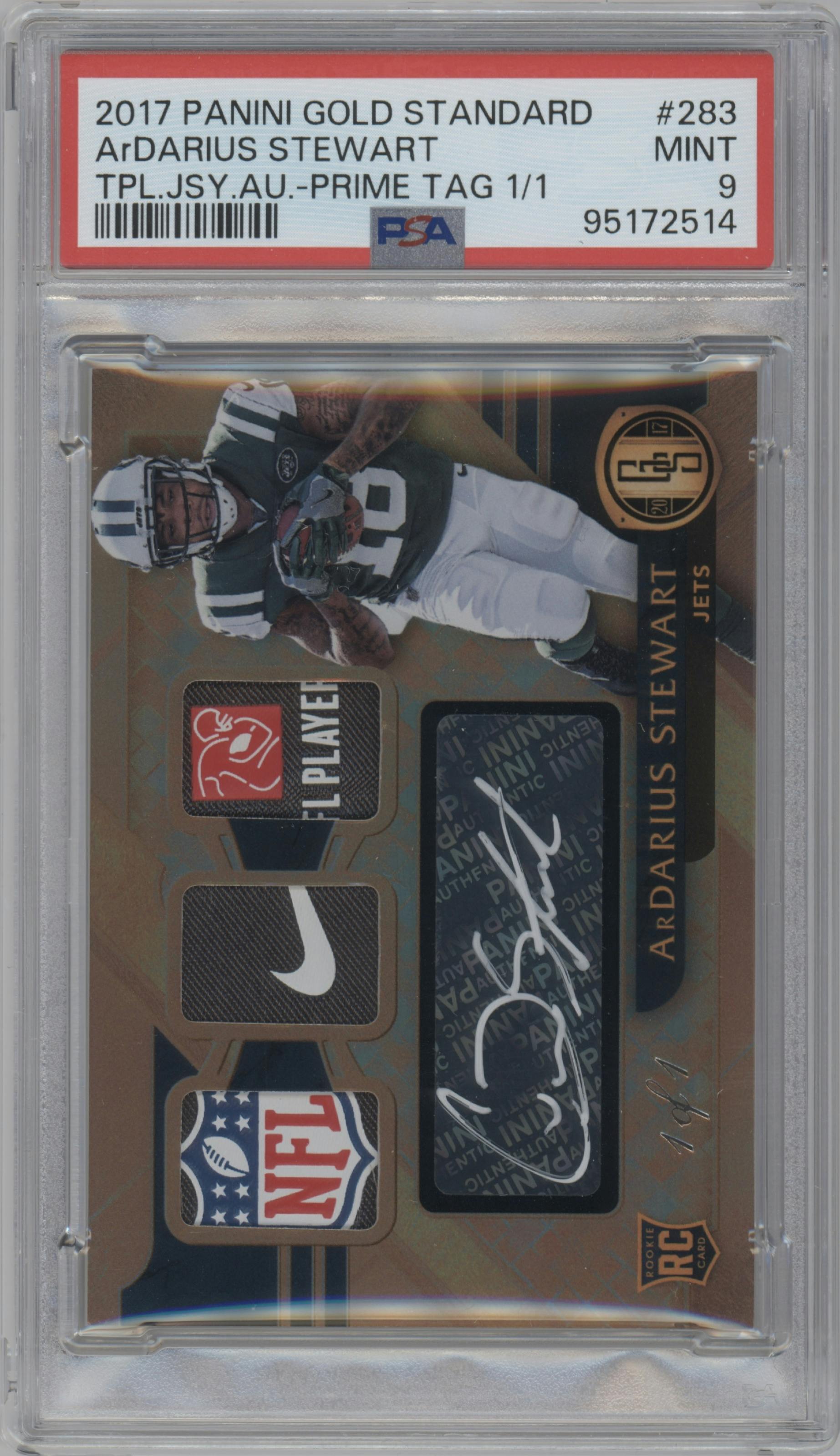 ArDarius Stewart from the 2017 Panini Gold Standard set featuring a Tag parallel graded by PSA and given an overall grade of 9.