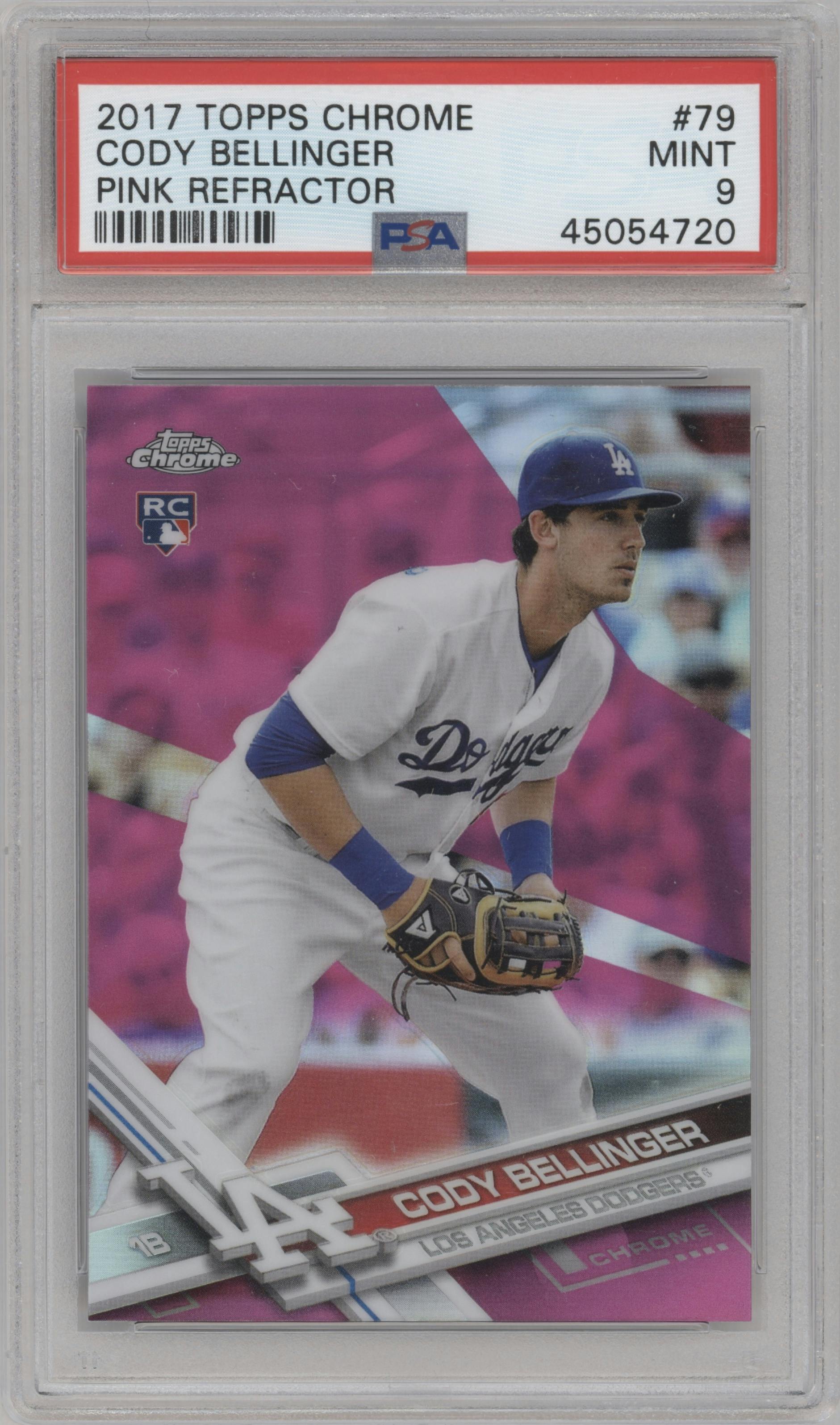 Cody Bellinger from the 2017 Topps Chrome set featuring a Pink Refractor parallel graded by PSA and given an overall grade of 9.
