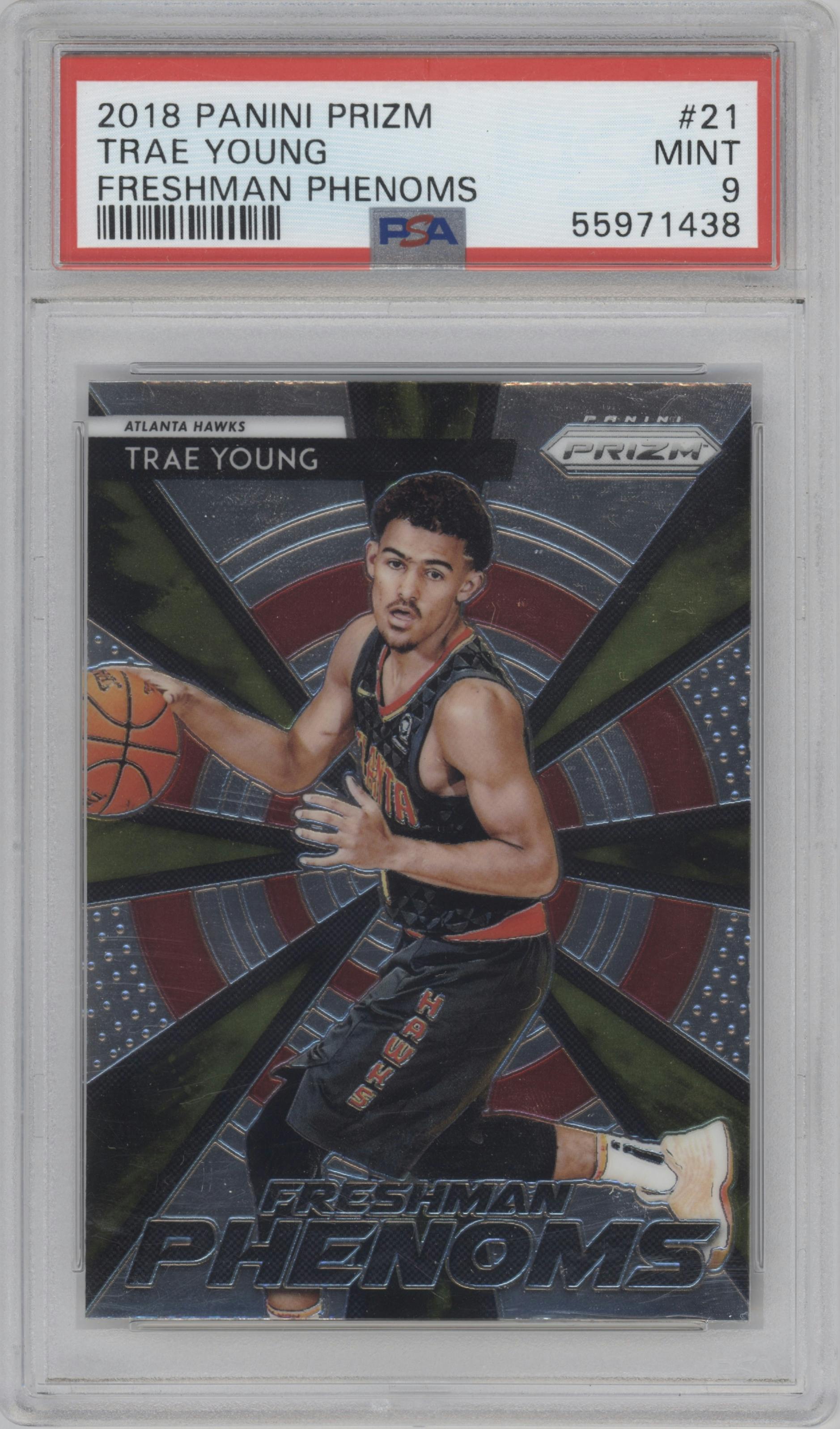 Trae Young from the 2018-19 Panini Prizm set graded by PSA and given an overall grade of 9.