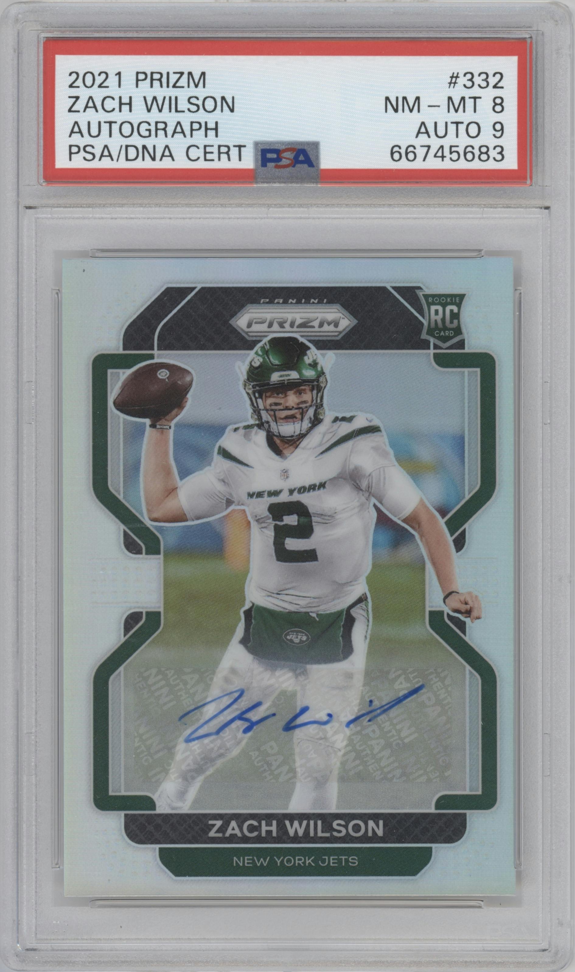 Zach Wilson from the 2021 Panini Prizm set graded by PSA and given an overall grade of 8.