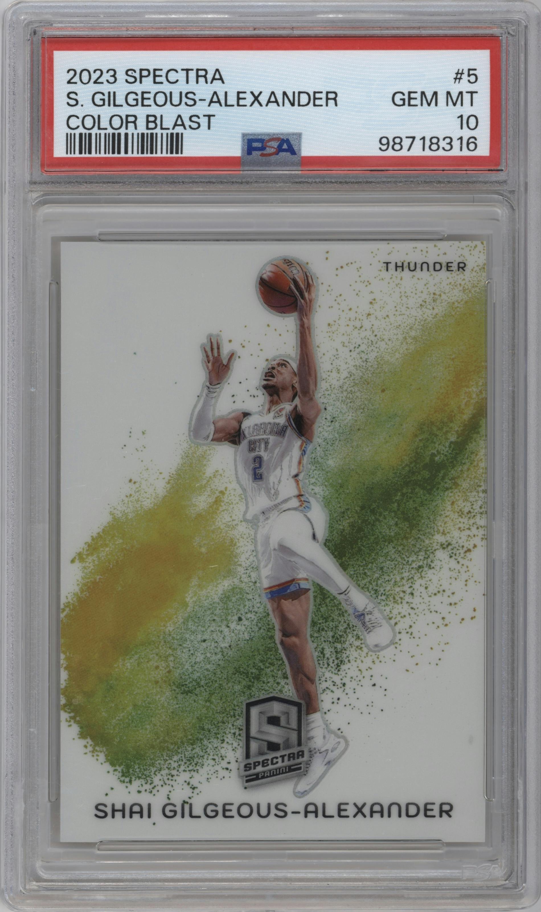 Shai Gilgeous-Alexander from the 2023-24 Panini Spectra set graded by PSA and given an overall grade of 10.