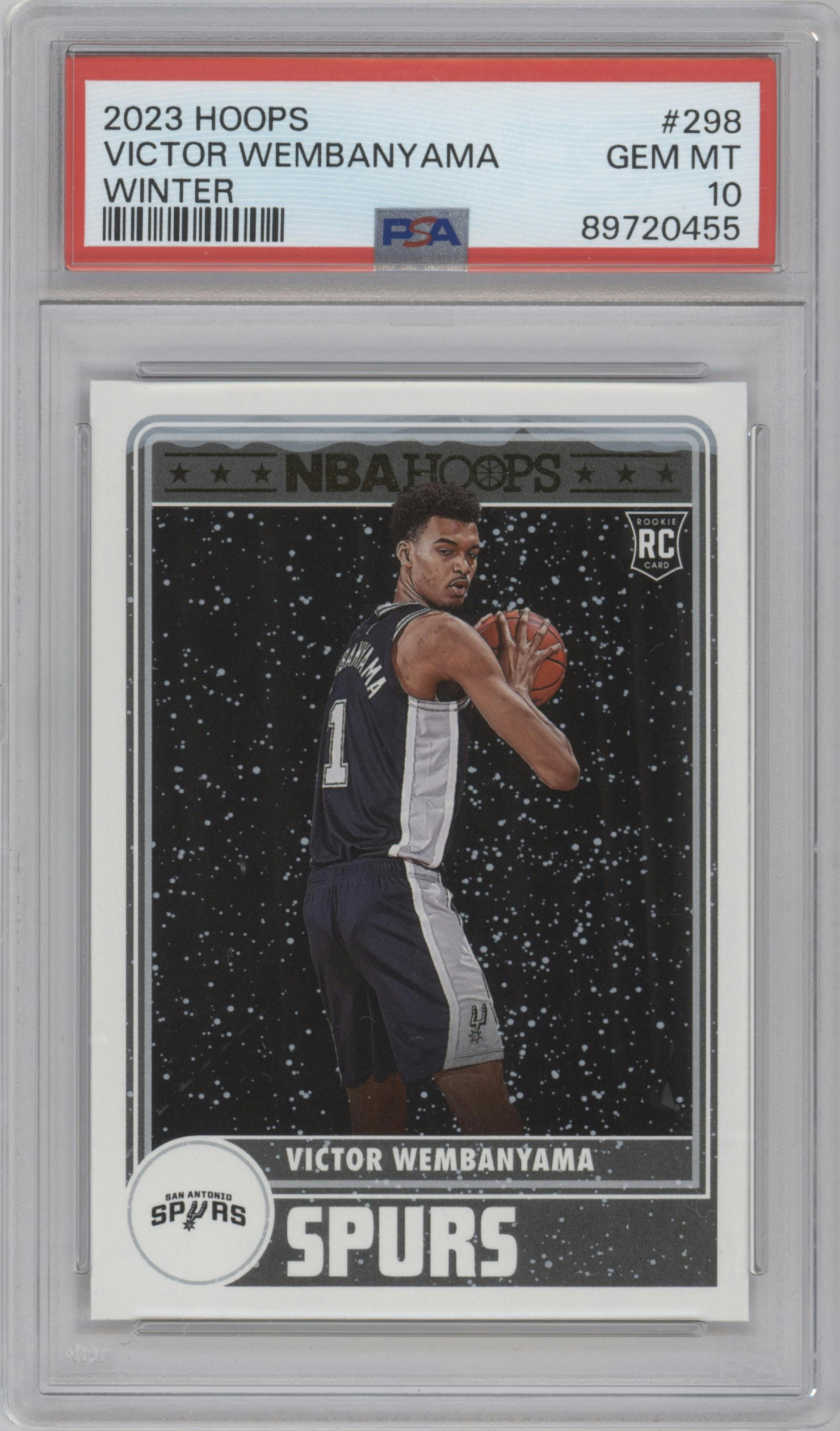 Victor Wembanyama from the 2023-24 Panini NBA Hoops set featuring a Winter parallel graded by PSA and given an overall grade of 10.
