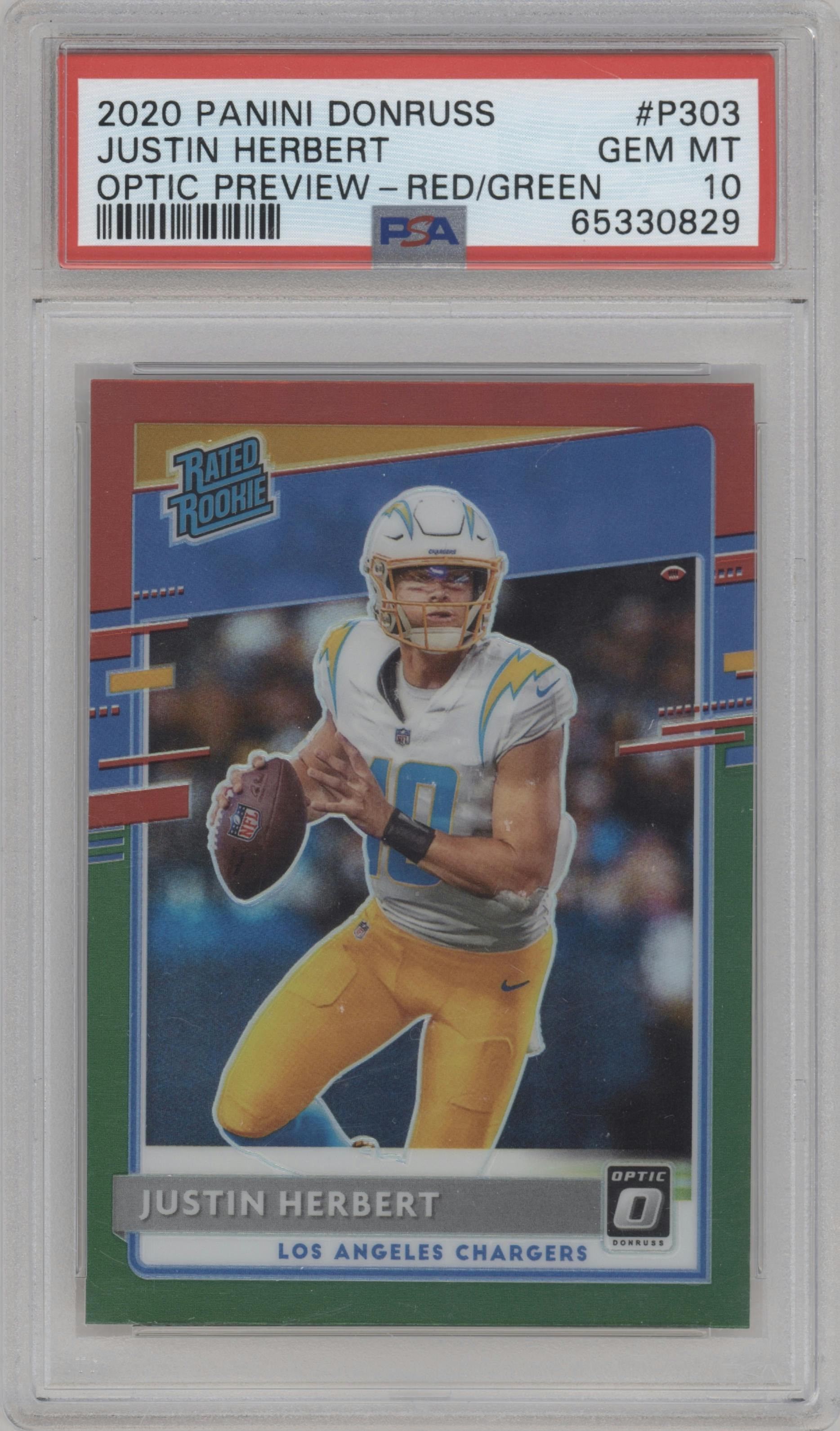 Justin Herbert from the 2020 Panini Donruss set featuring a Red & Green parallel graded by PSA and given an overall grade of 10.