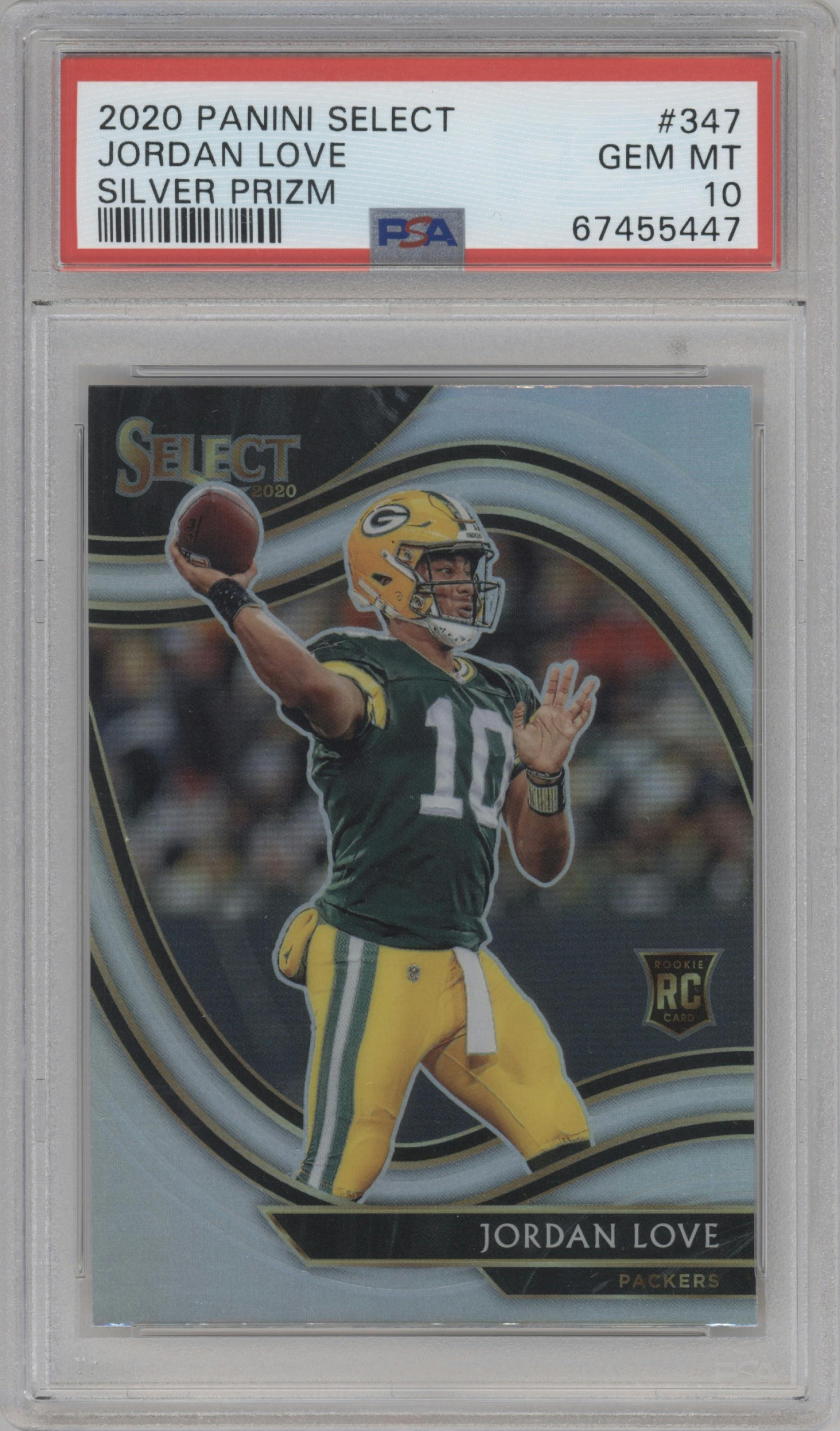 Jordan Love from the 2020 Panini Select set featuring a Silver Prizm parallel graded by PSA and given an overall grade of 10.