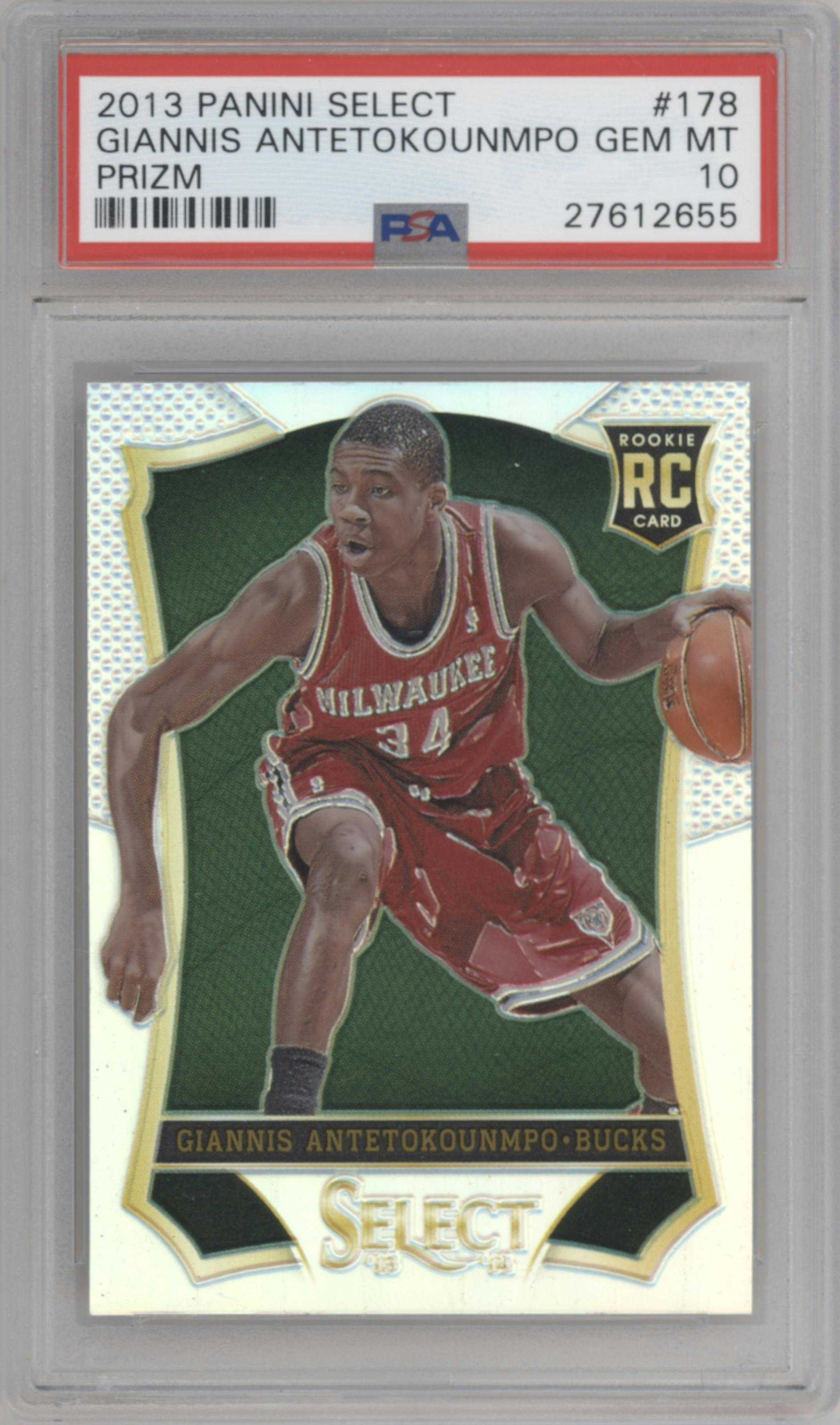 Giannis Antetokounmpo from the 2013-14 Panini Select set featuring a Prizm parallel graded by PSA and given an overall grade of 10.