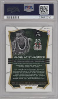 Giannis Antetokounmpo from the 2013-14 Panini Select set featuring a Prizm parallel graded by PSA and given an overall grade of 10.