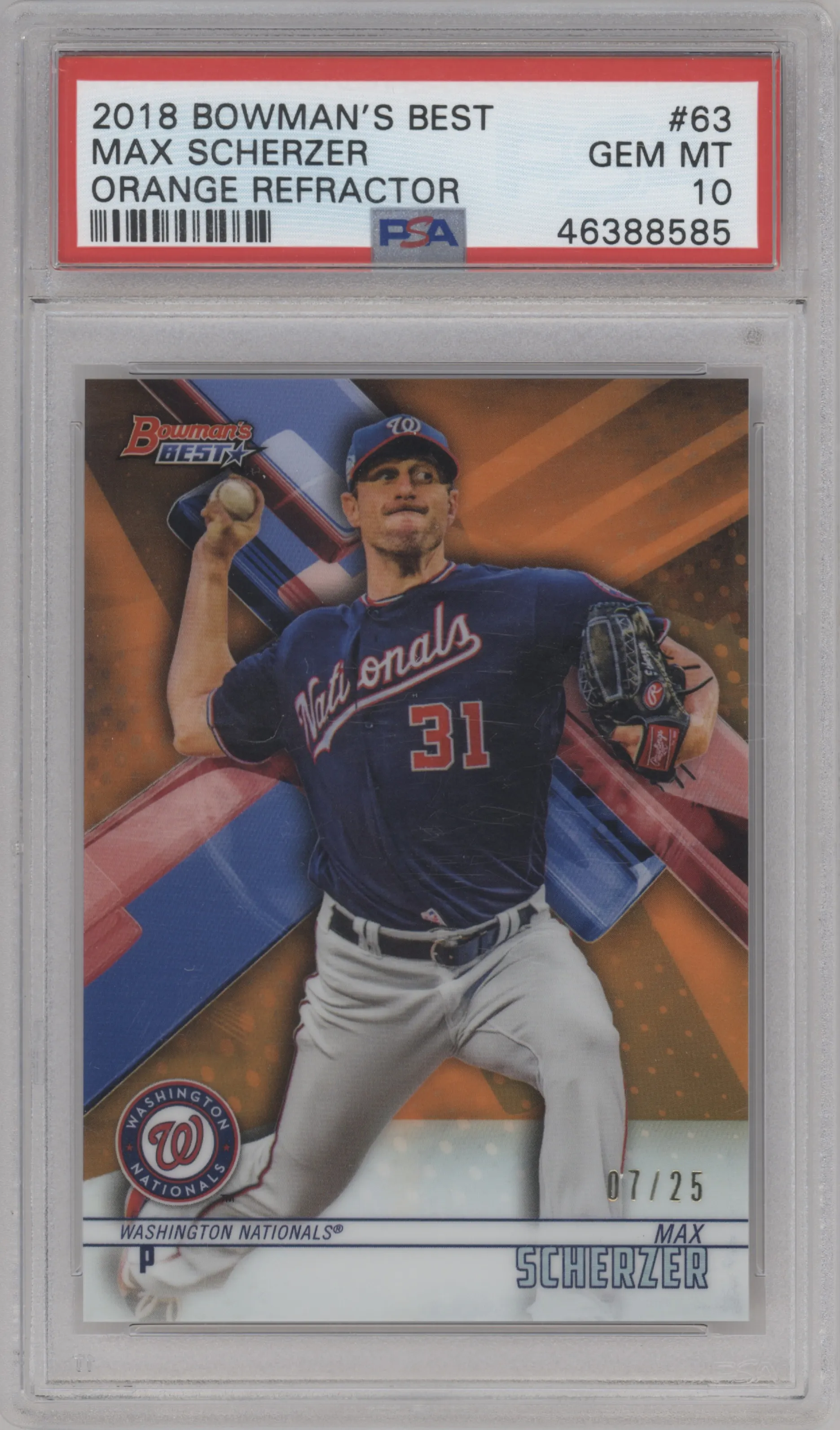2018 Bowman’s Best Max Scherzer Orange Refractor #63 PSA 10
