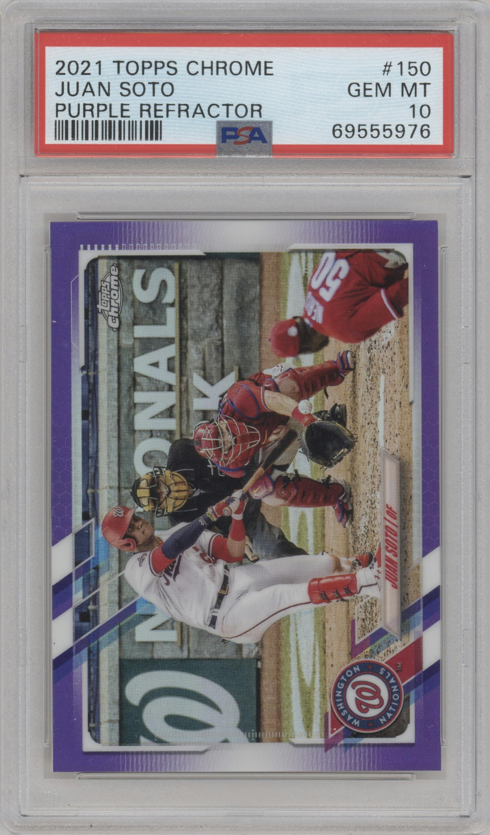 Juan Soto from the 2021 Topps Chrome set featuring a Purple Refractor parallel graded by PSA and given an overall grade of 10.