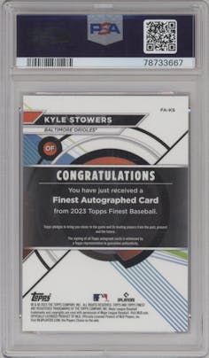 Kyle Stowers from the 2023 Topps Finest set featuring a Orange Wave Refractor parallel graded by PSA and given an overall grade of 10.