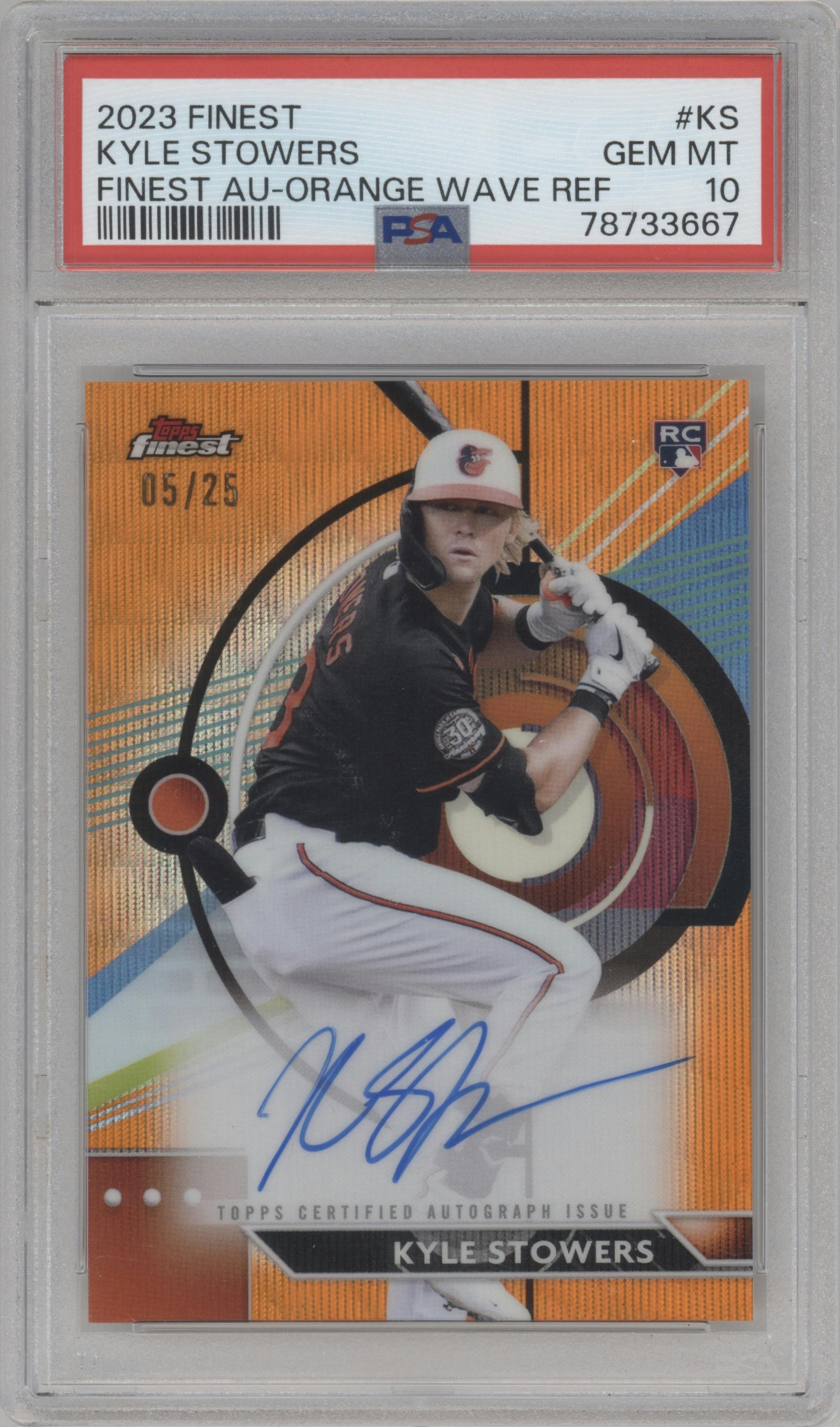 Kyle Stowers from the 2023 Topps Finest set featuring a Orange Wave Refractor parallel graded by PSA and given an overall grade of 10.
