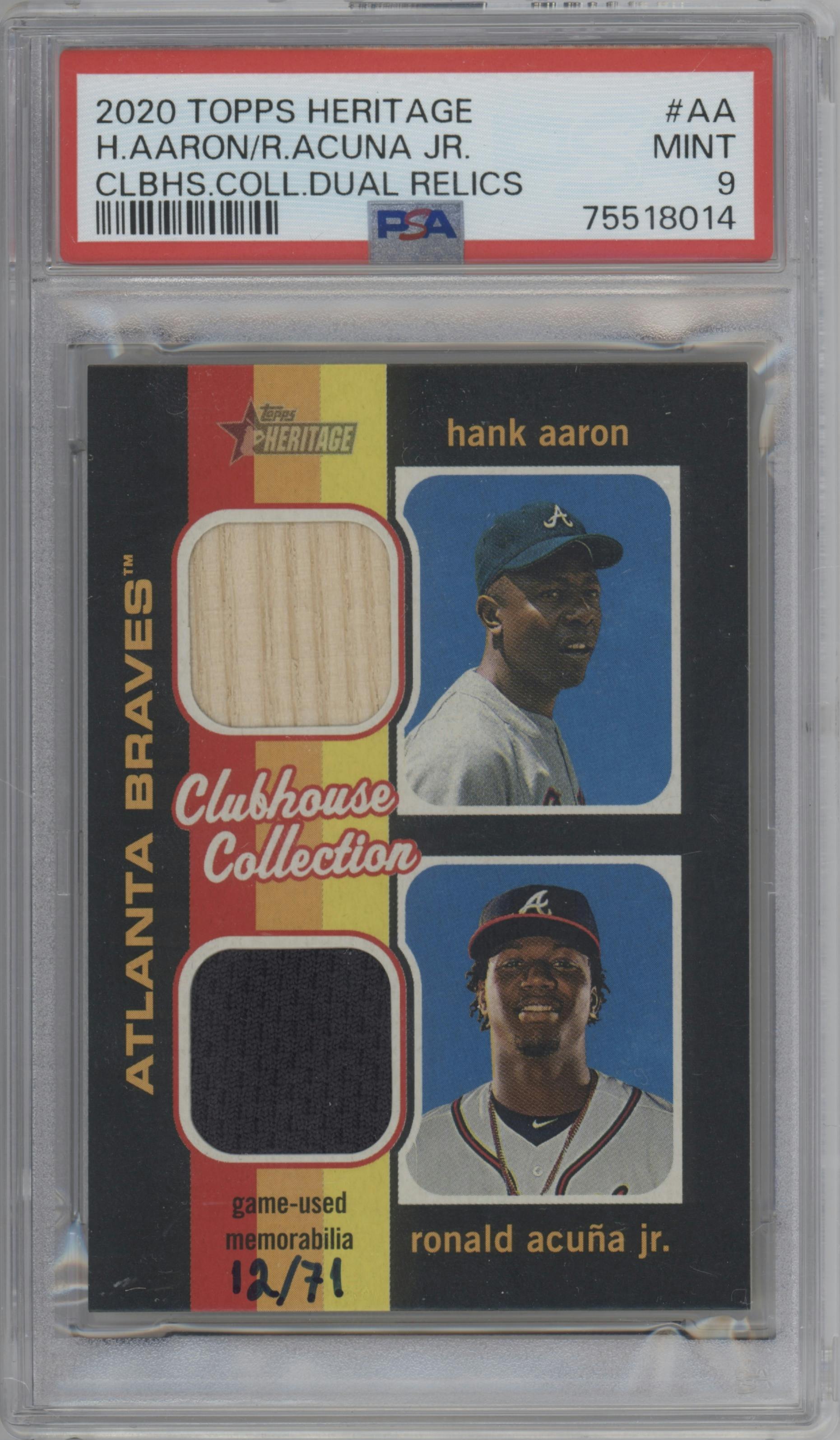 Hank Aaron/Ronald Acuna Jr. from the 2020 Topps Heritage set graded by PSA and given an overall grade of 9.