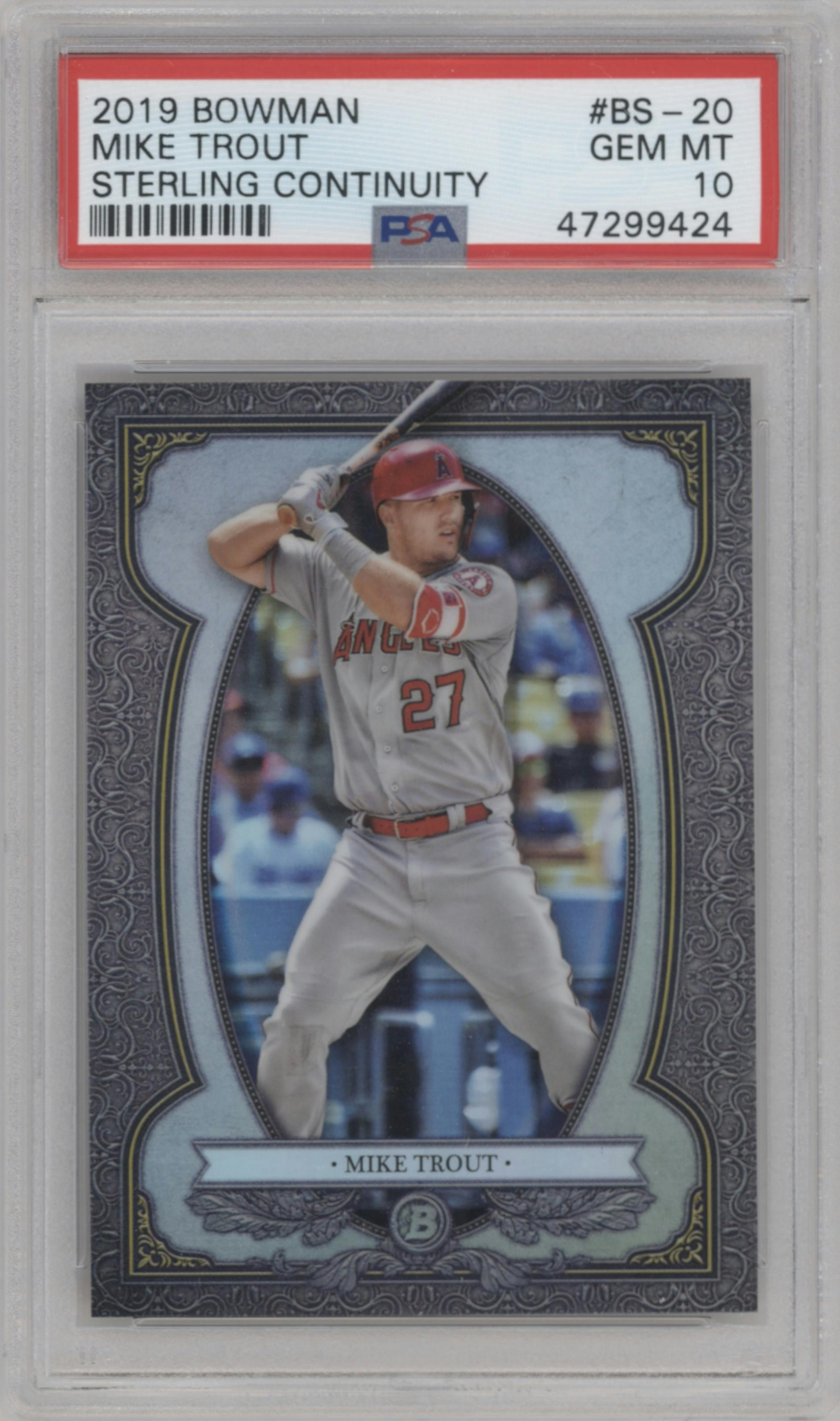 Mike Trout from the 2019 Bowman  set graded by PSA and given an overall grade of 10.