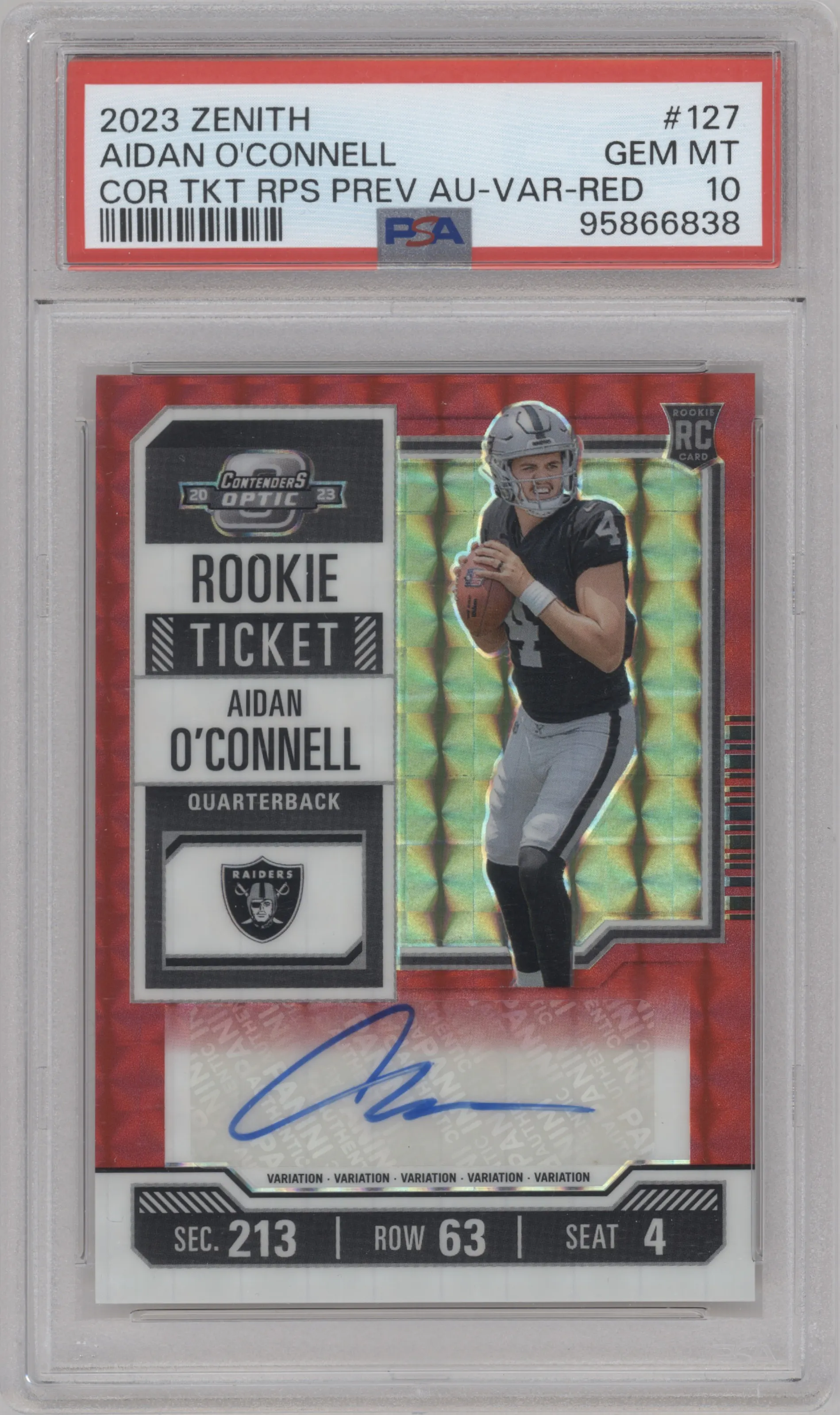 2023 Panini Zenith Cont.Opt.Rke.Tkt.Var.Prev. Aidan O'Connell Red PSA 10
