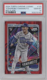 Yoshinobu Yamamoto from the 2024 Topps Cosmic Chrome set featuring a Red Flare Refractor parallel graded by PSA and given an overall grade of 10.